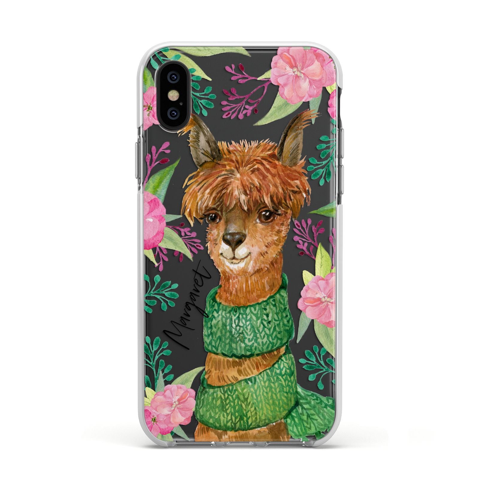 Personalised Alpaca Apple iPhone Xs Impact Case White Edge on Black Phone