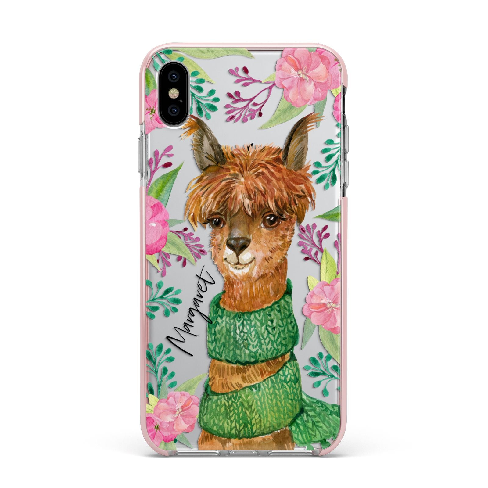 Personalised Alpaca Apple iPhone Xs Max Impact Case Pink Edge on Silver Phone