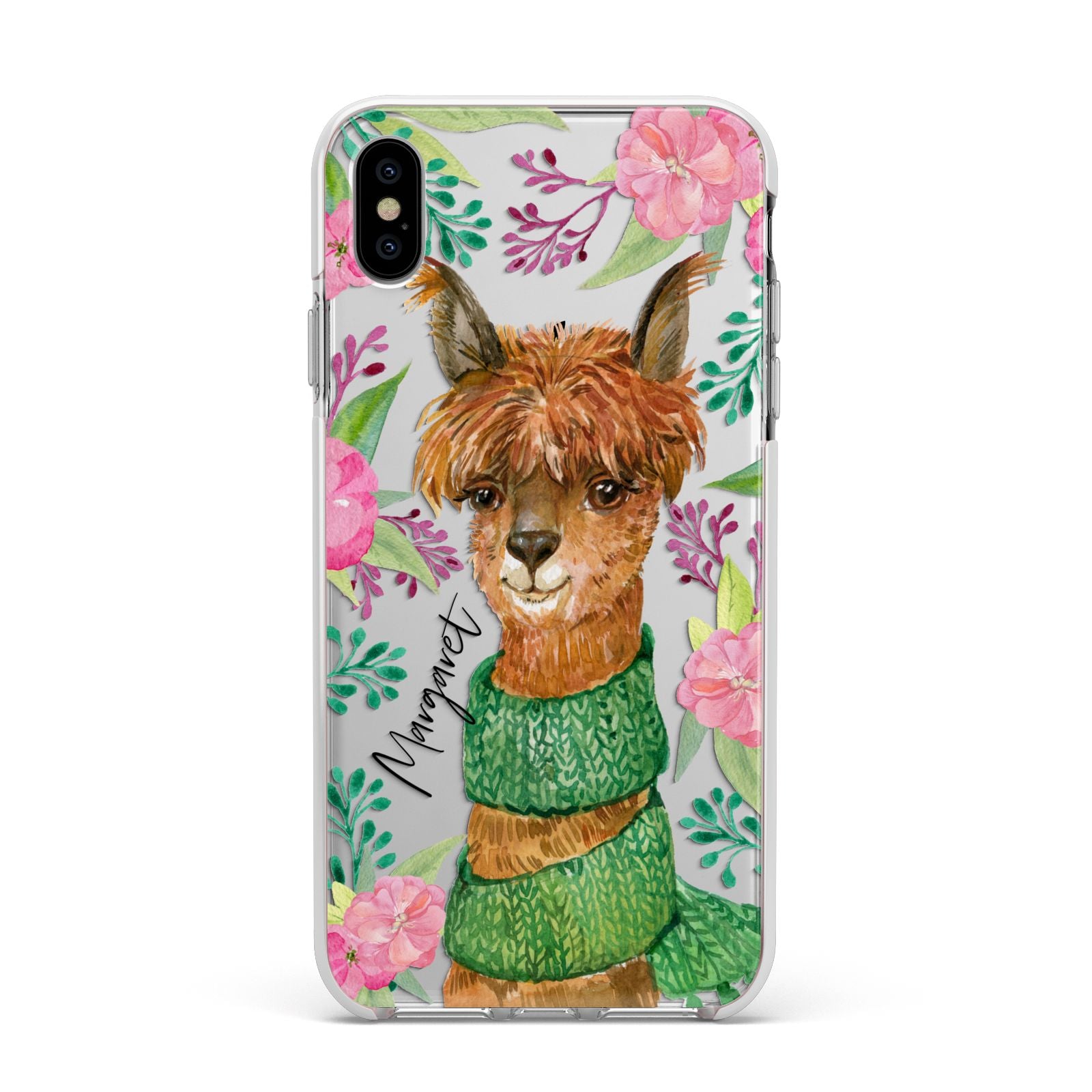 Personalised Alpaca Apple iPhone Xs Max Impact Case White Edge on Silver Phone