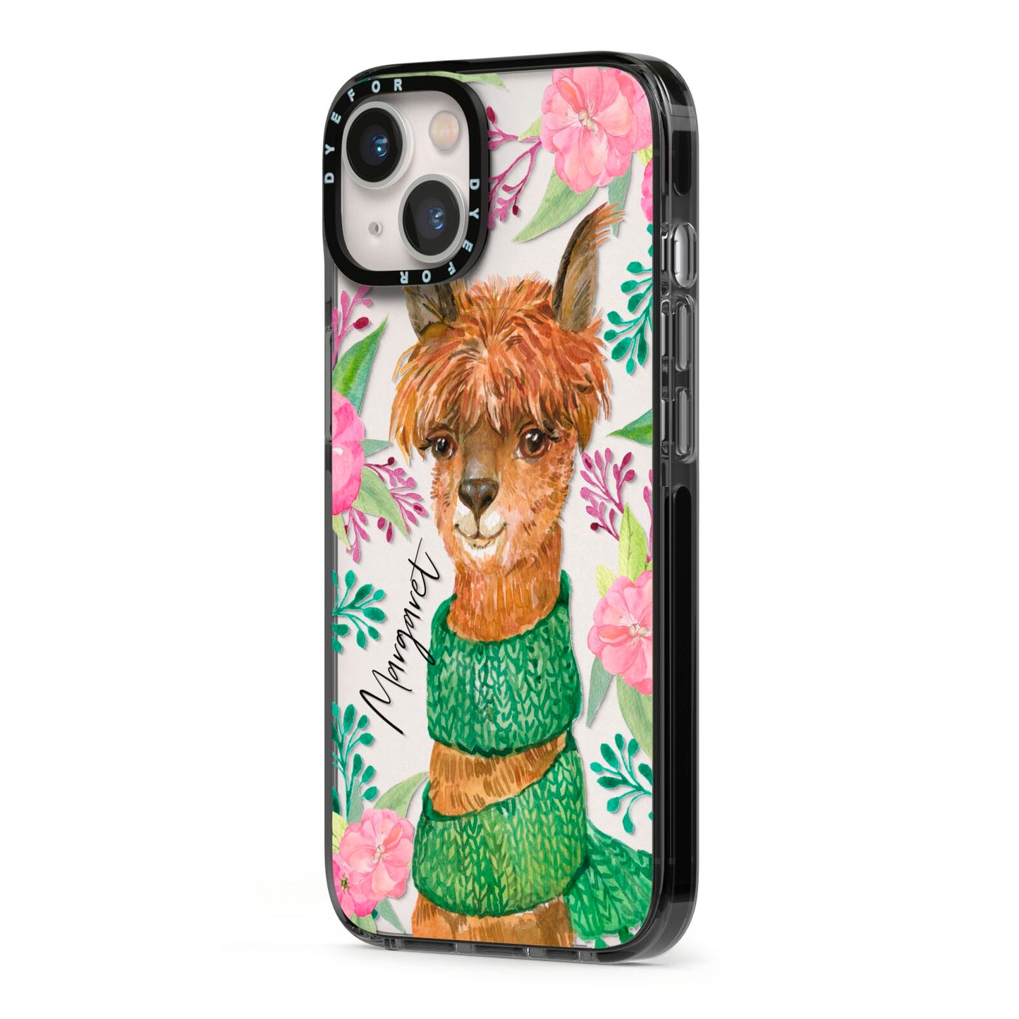 Personalised Alpaca iPhone 13 Black Impact Case Side Angle on Silver phone