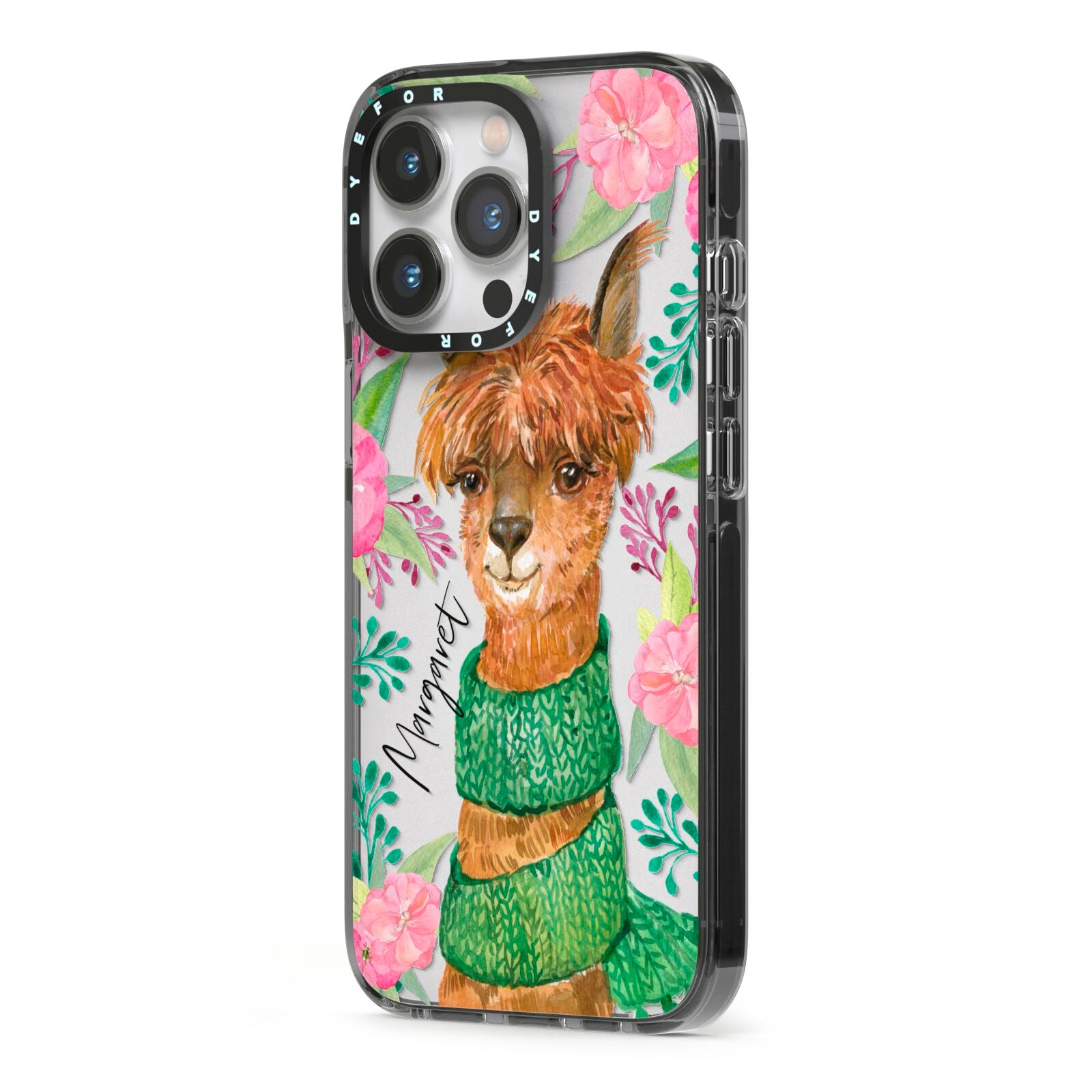 Personalised Alpaca iPhone 13 Pro Black Impact Case Side Angle on Silver phone