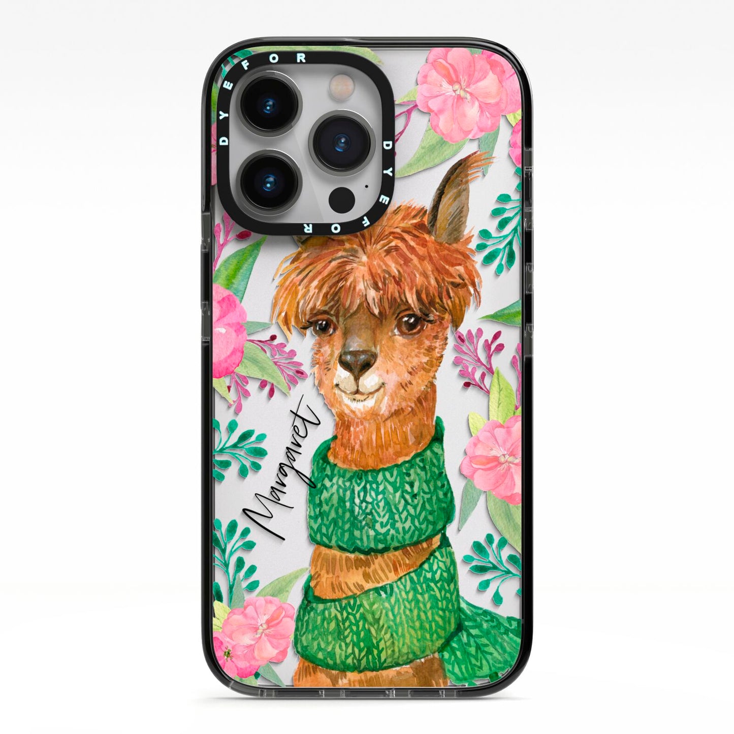Personalised Alpaca iPhone 13 Pro Black Impact Case on Silver phone