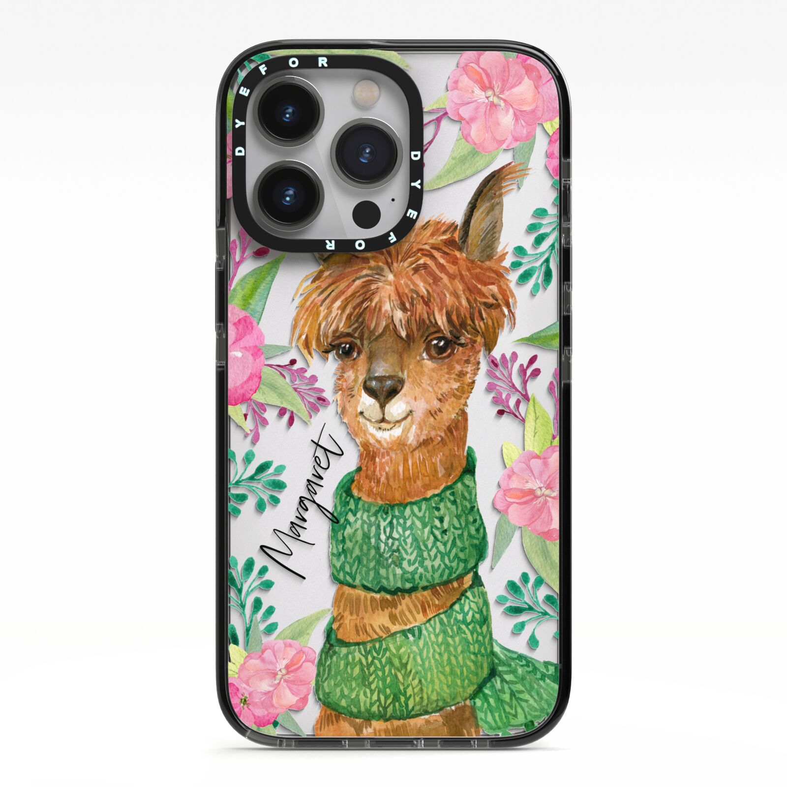 Personalised Alpaca iPhone 13 Pro Black Impact Case on Silver phone