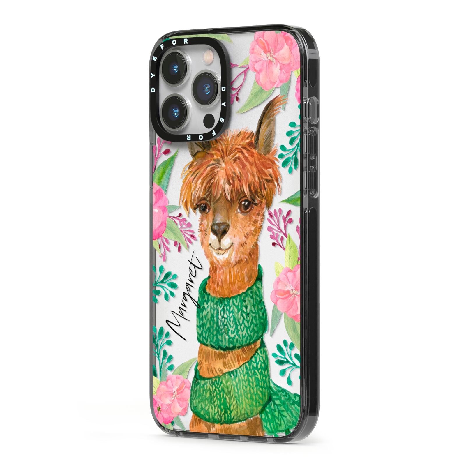 Personalised Alpaca iPhone 13 Pro Max Black Impact Case Side Angle on Silver phone