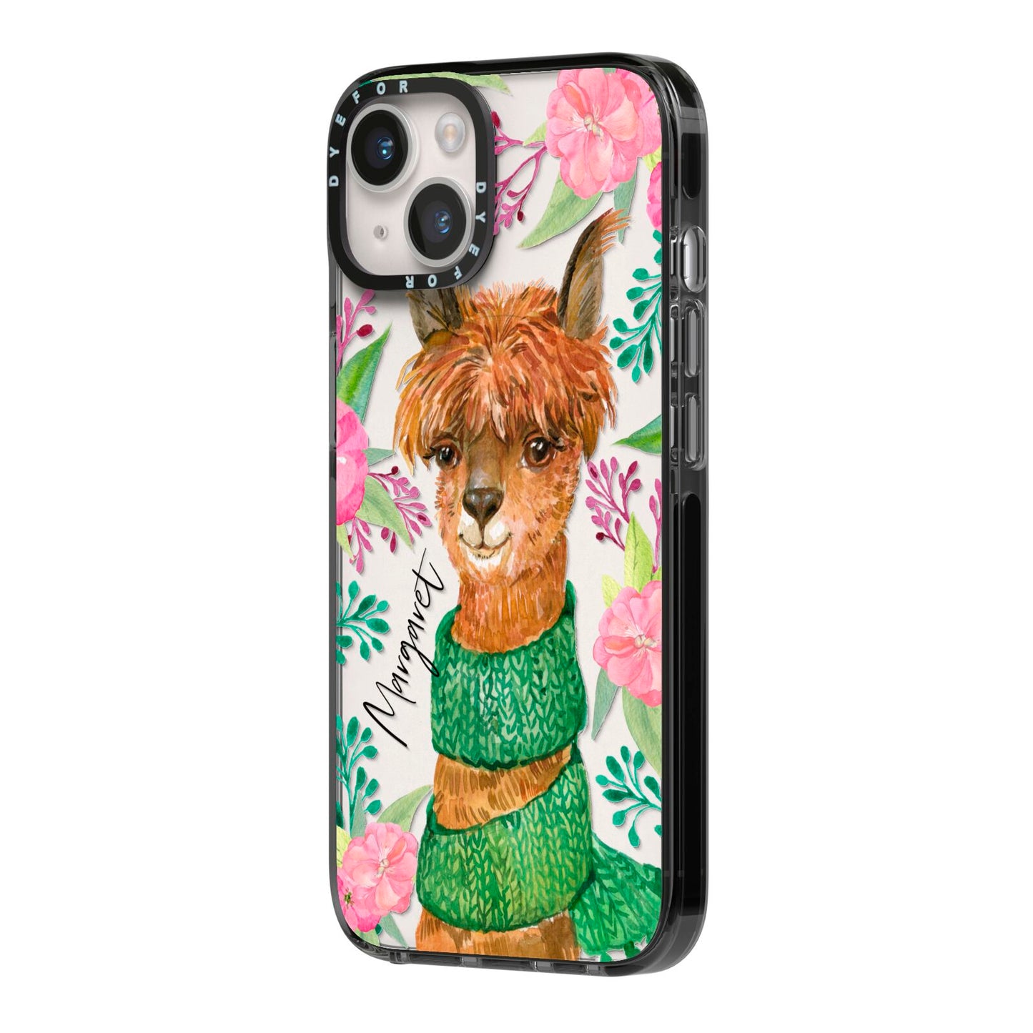 Personalised Alpaca iPhone 14 Black Impact Case Side Angle on Silver phone