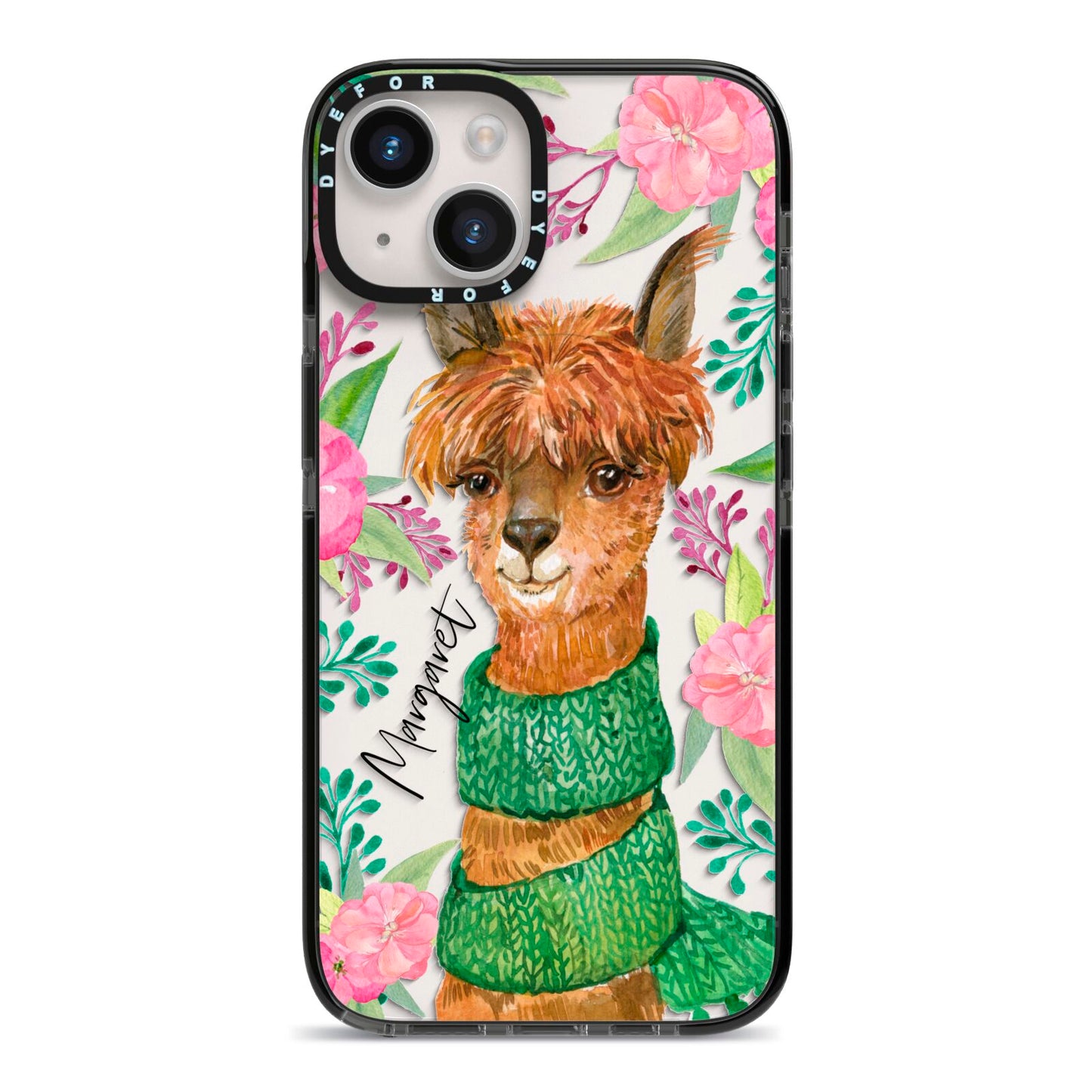 Personalised Alpaca iPhone 14 Black Impact Case on Silver phone