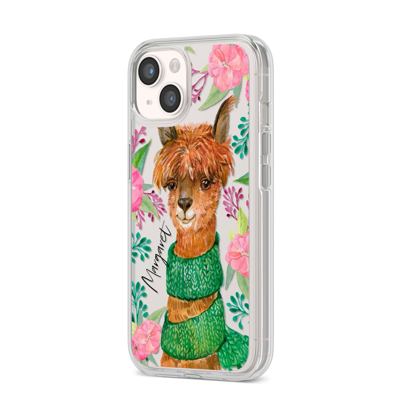 Personalised Alpaca iPhone 14 Clear Tough Case Starlight Angled Image