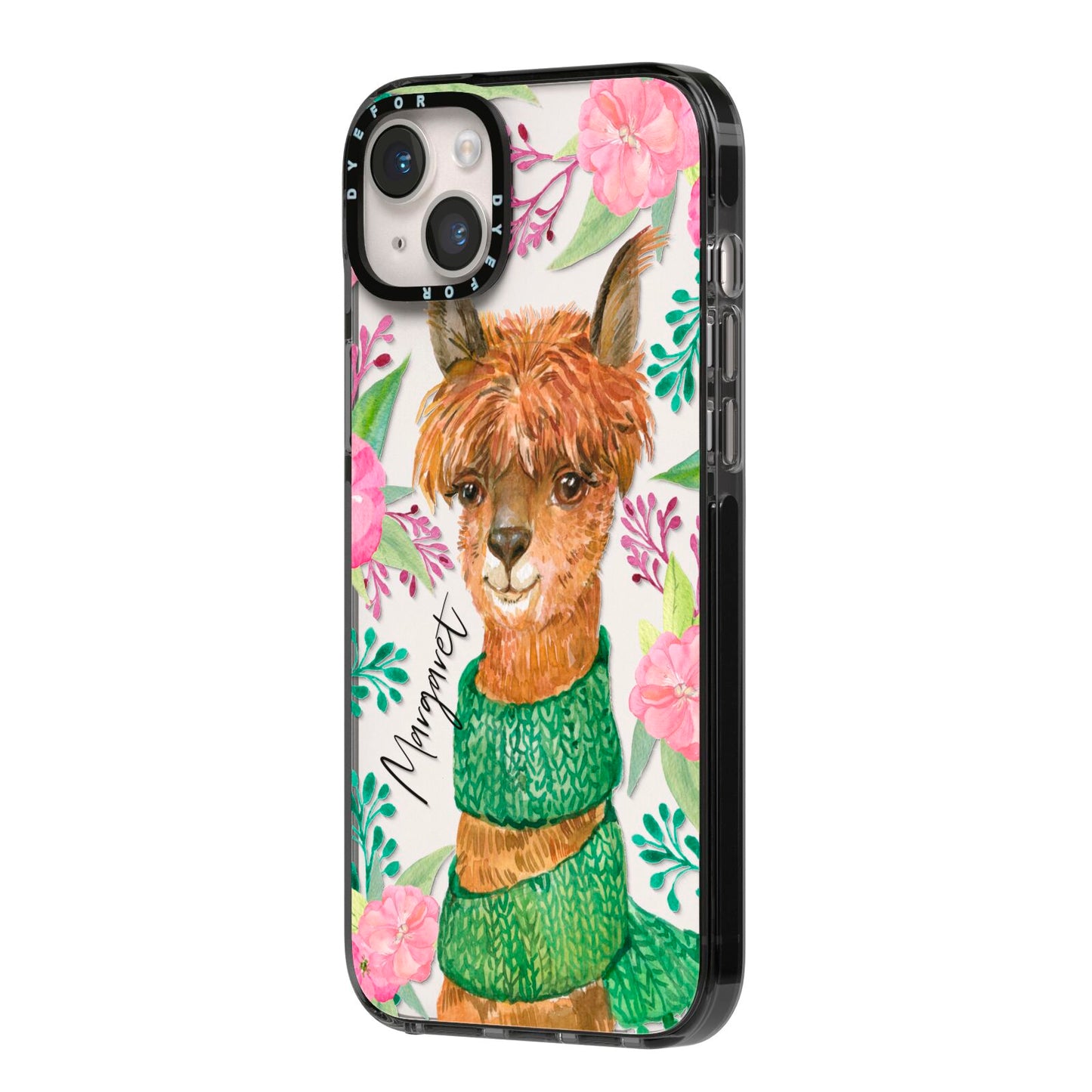 Personalised Alpaca iPhone 14 Plus Black Impact Case Side Angle on Silver phone