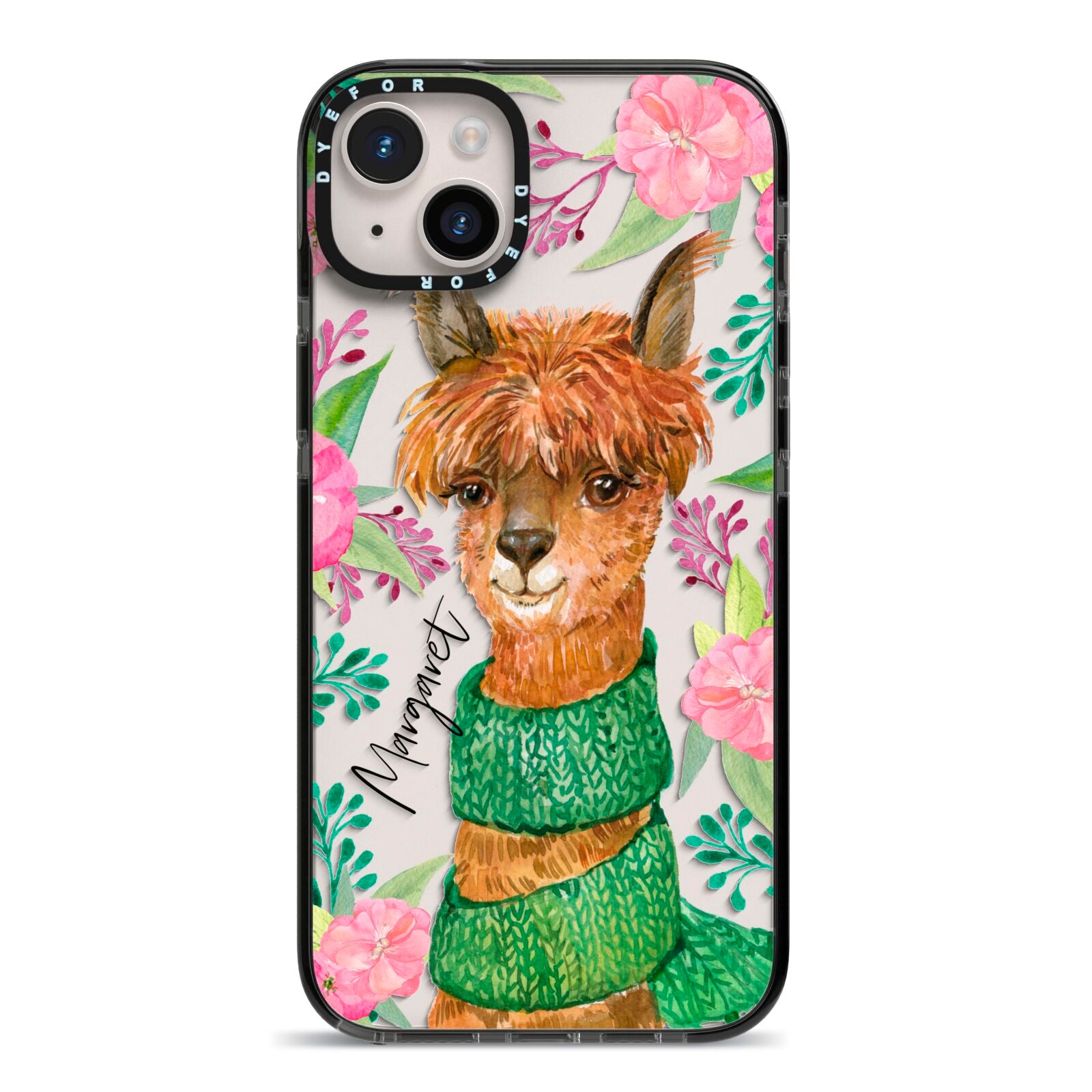 Personalised Alpaca iPhone 14 Plus Black Impact Case on Silver phone