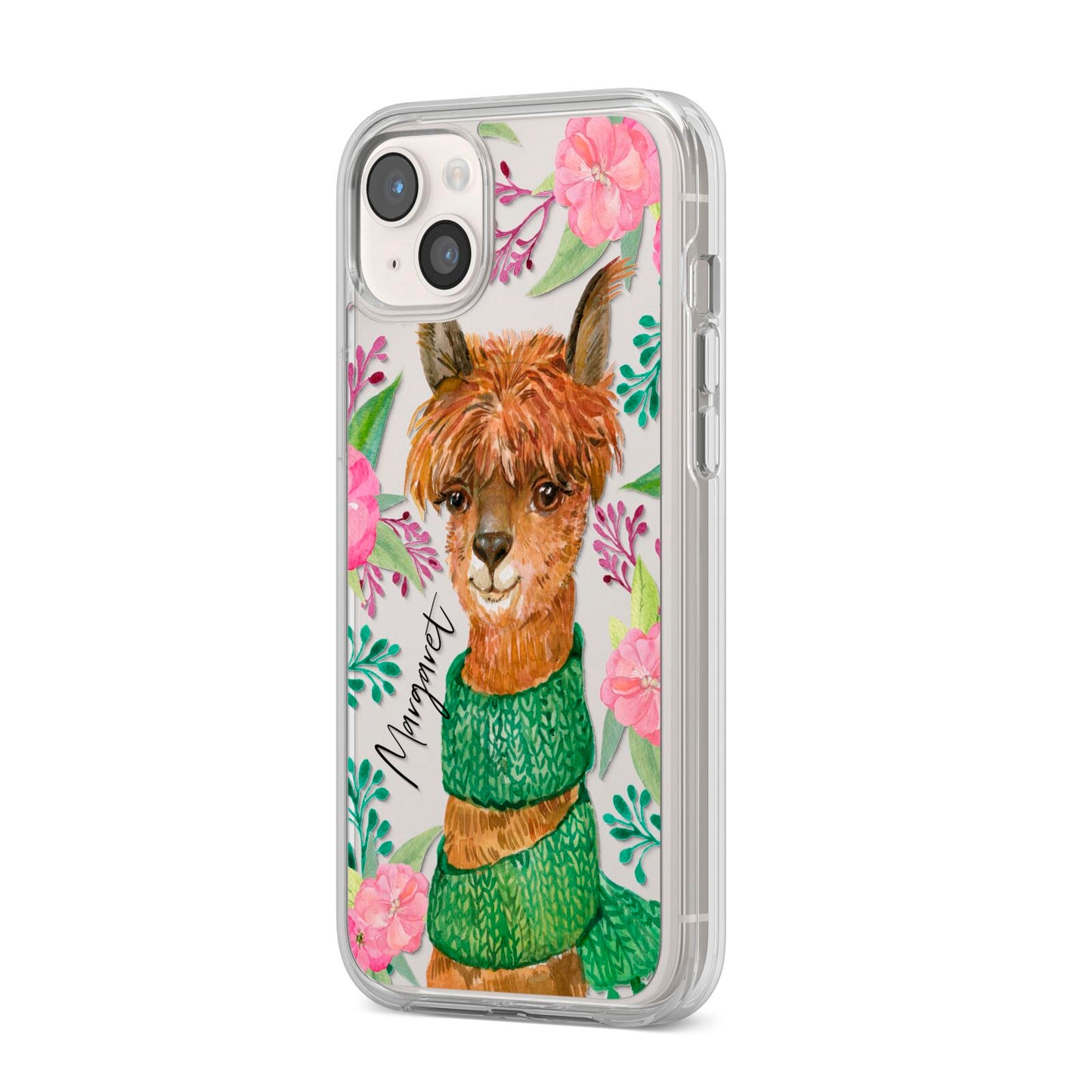 Personalised Alpaca iPhone 14 Plus Clear Tough Case Starlight Angled Image