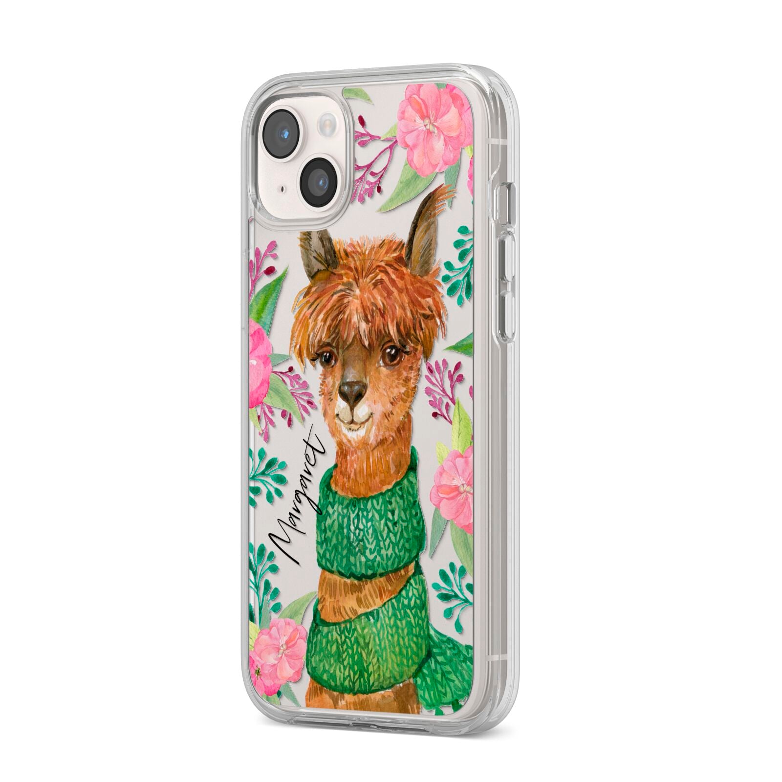 Personalised Alpaca iPhone 14 Plus Clear Tough Case Starlight Angled Image