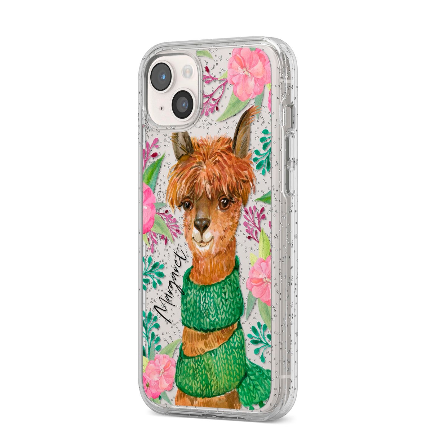 Personalised Alpaca iPhone 14 Plus Glitter Tough Case Starlight Angled Image