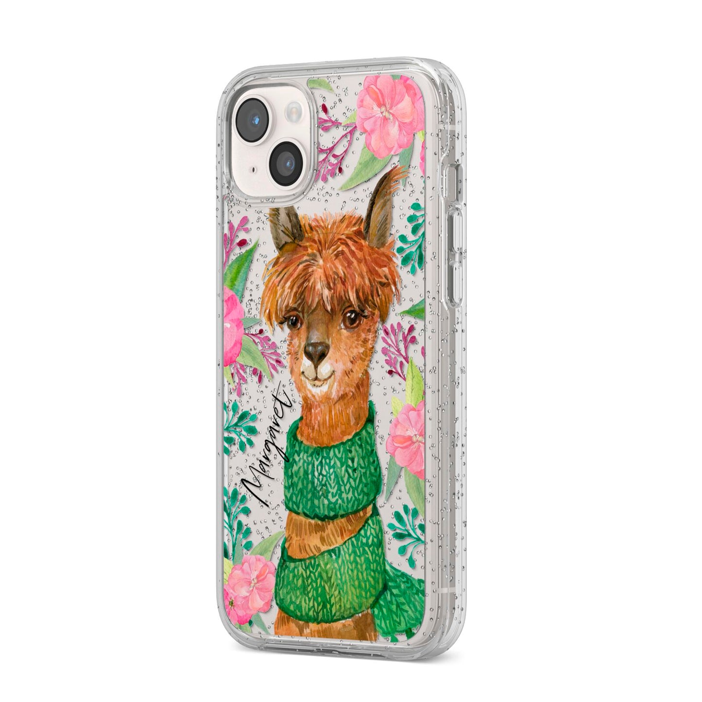 Personalised Alpaca iPhone 14 Plus Glitter Tough Case Starlight Angled Image