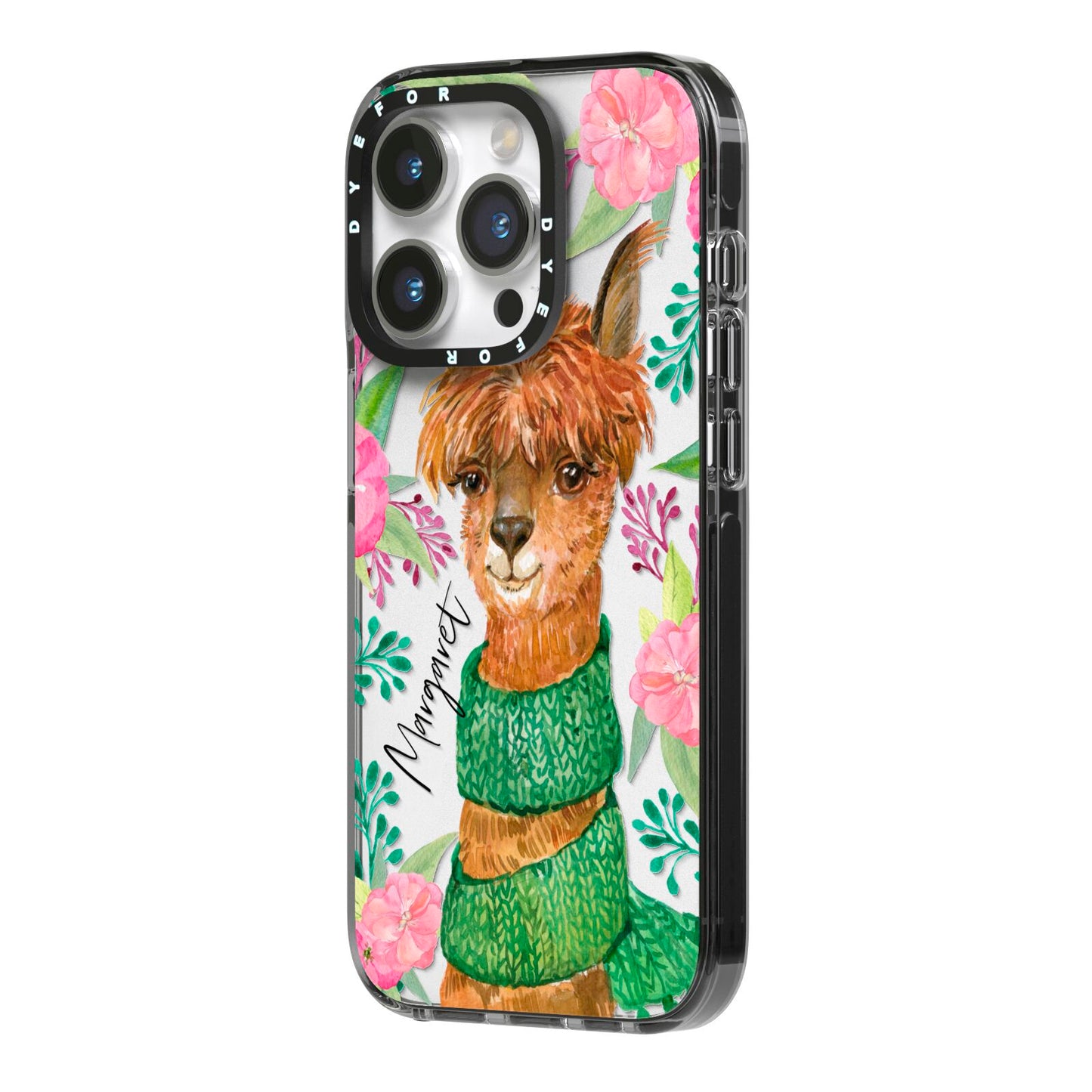 Personalised Alpaca iPhone 14 Pro Black Impact Case Side Angle on Silver phone