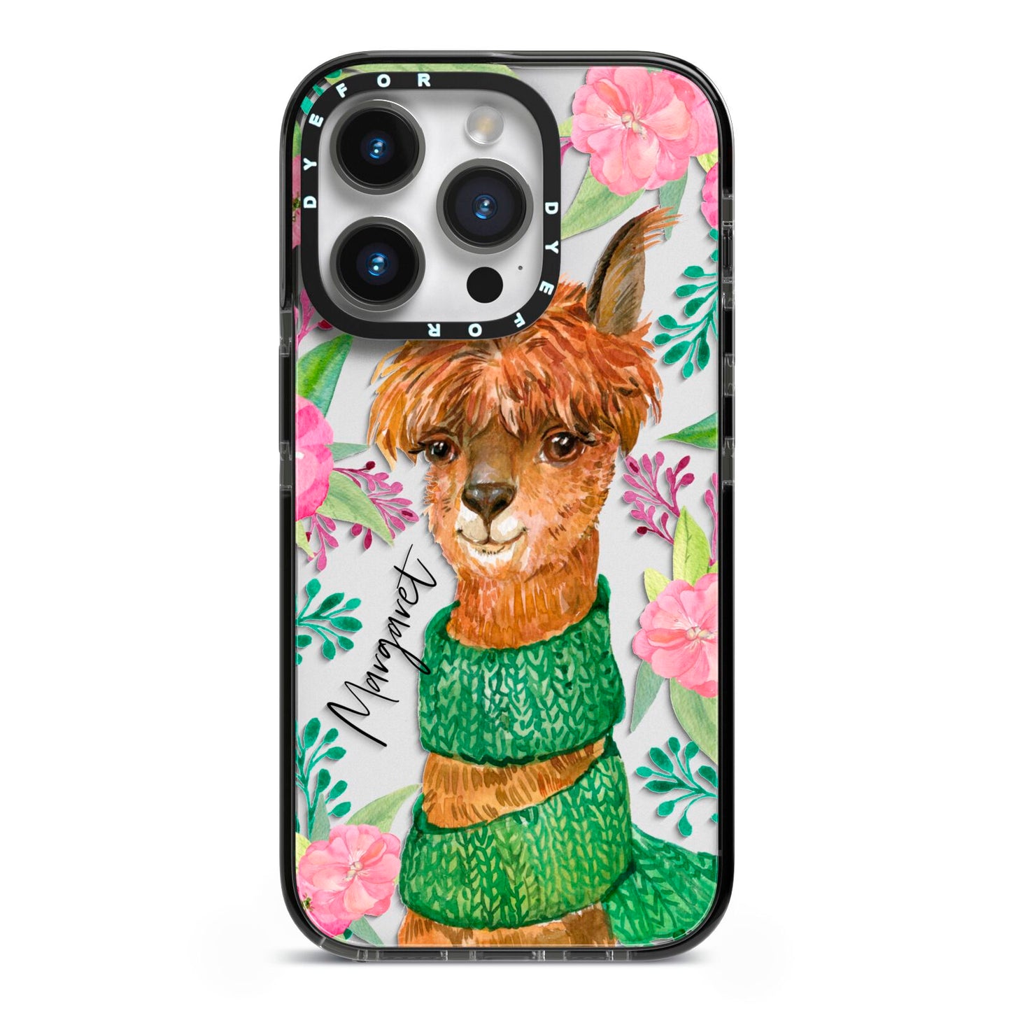 Personalised Alpaca iPhone 14 Pro Black Impact Case on Silver phone