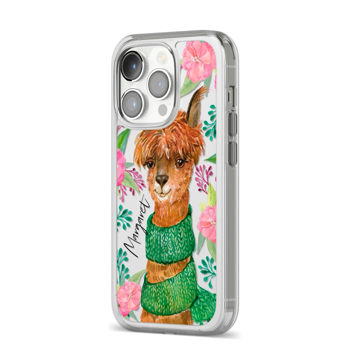Personalised Alpaca iPhone 14 Pro Clear Tough Case Silver Angled Image