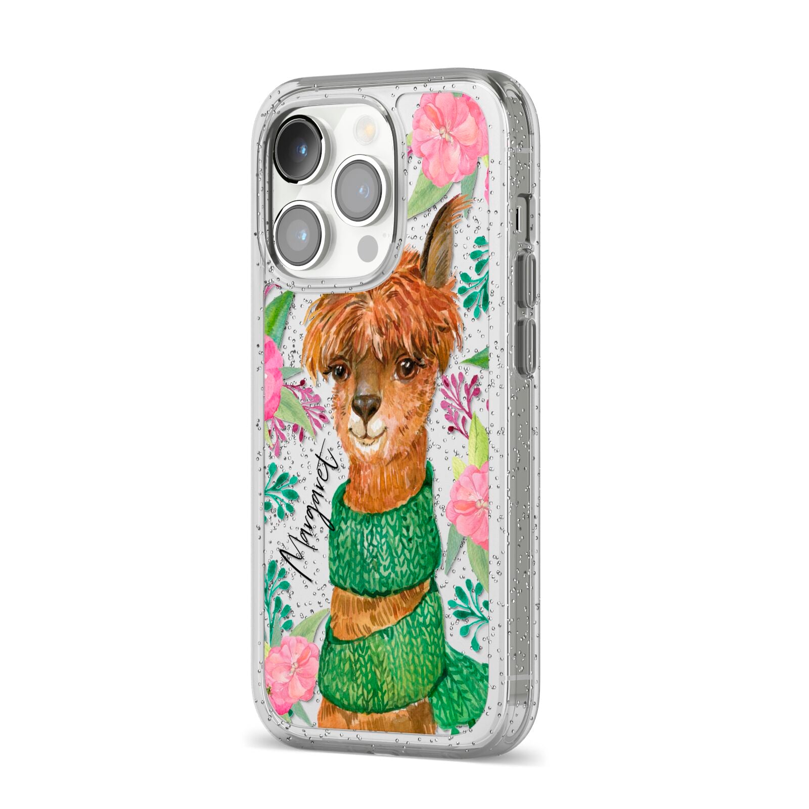Personalised Alpaca iPhone 14 Pro Glitter Tough Case Silver Angled Image