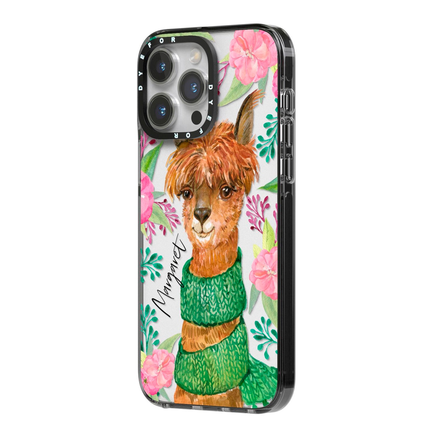 Personalised Alpaca iPhone 14 Pro Max Black Impact Case Side Angle on Silver phone