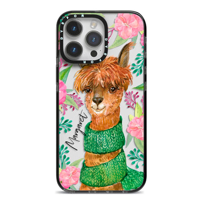 Personalised Alpaca iPhone 14 Pro Max Black Impact Case on Silver phone