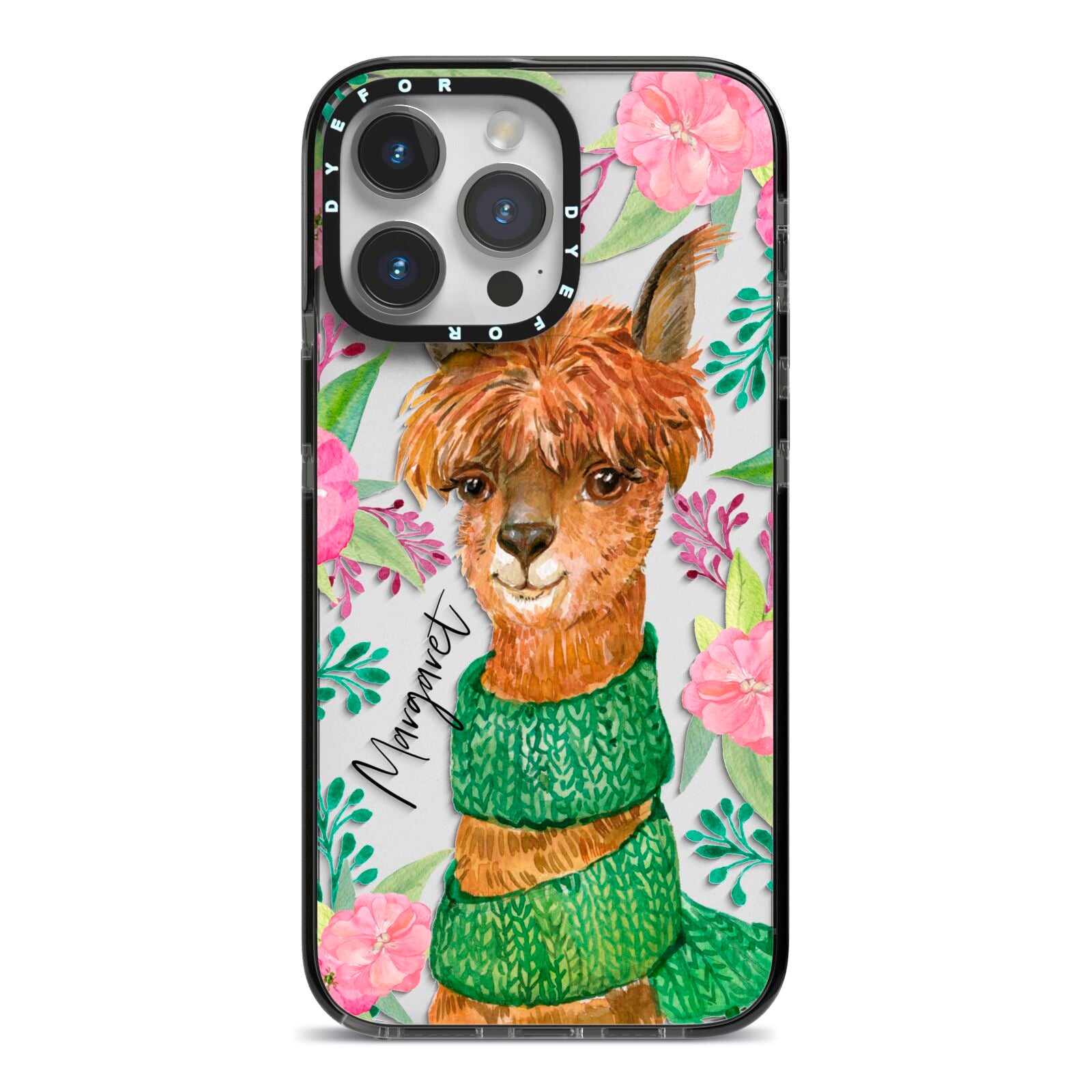 Personalised Alpaca iPhone 14 Pro Max Black Impact Case on Silver phone