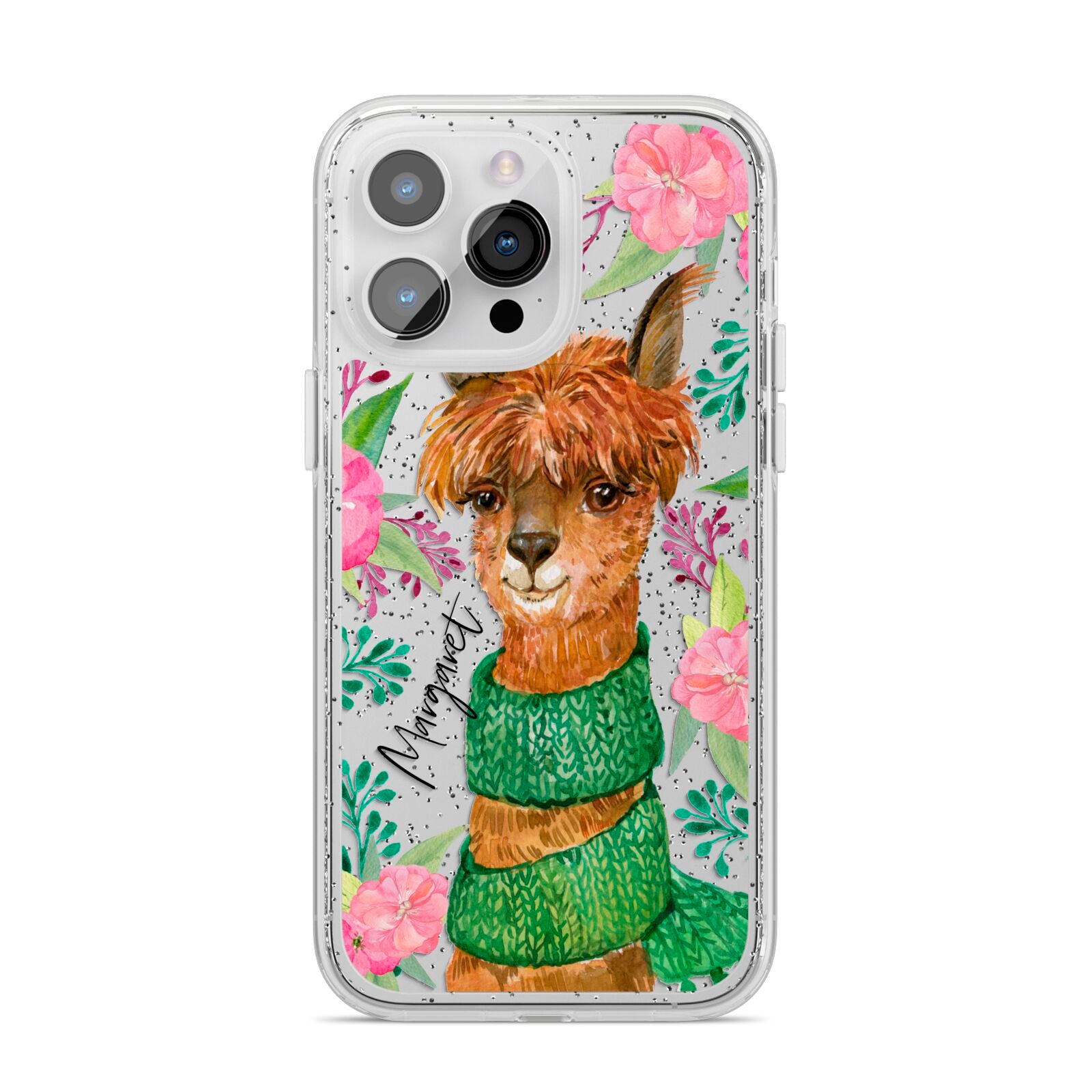 Personalised Alpaca iPhone 14 Pro Max Glitter Tough Case Silver