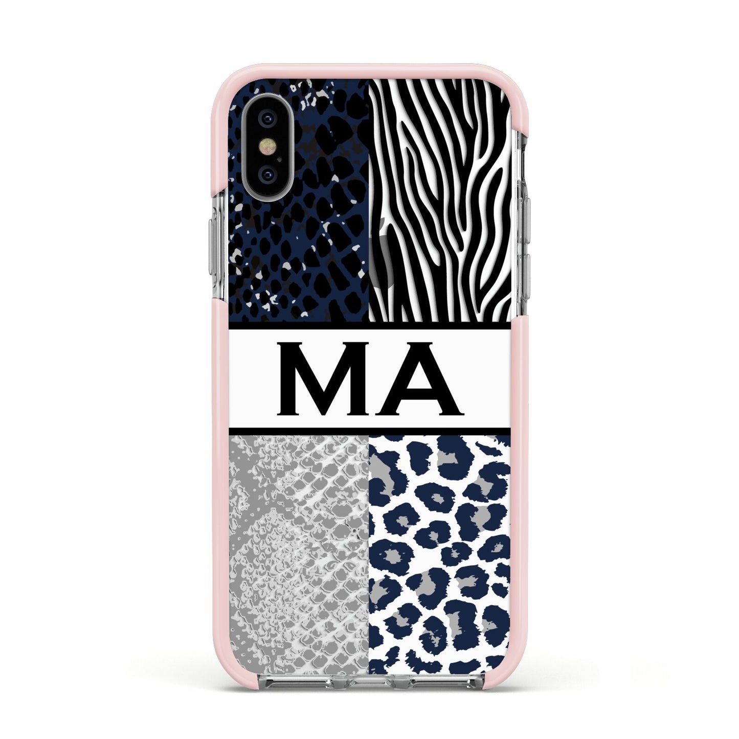 Personalised Animal Print Apple iPhone Xs Impact Case Pink Edge on Silver Phone