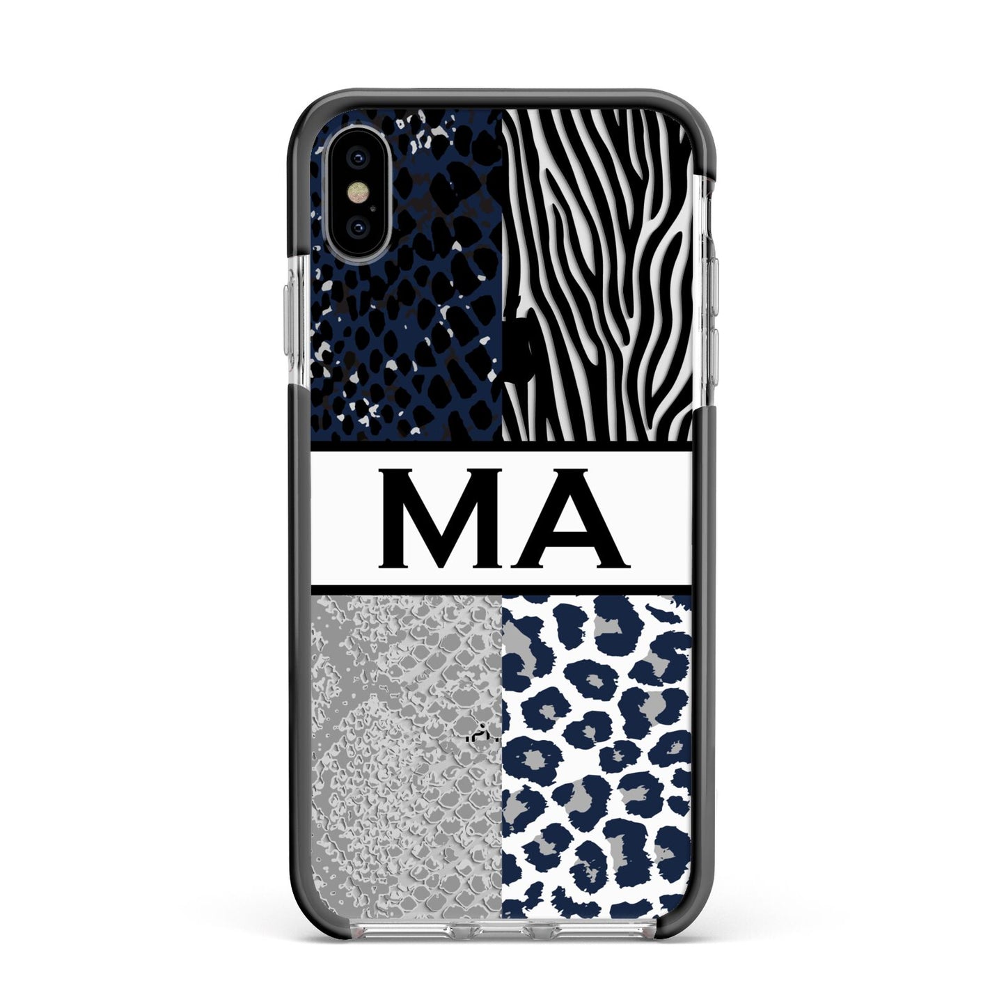 Personalised Animal Print Apple iPhone Xs Max Impact Case Black Edge on Silver Phone