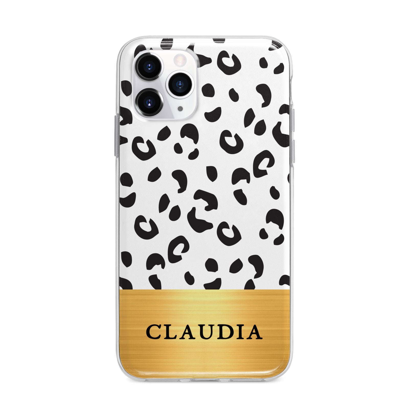 Personalised Animal Print Gold With Name Apple iPhone 11 Pro Max in Silver with Bumper Case