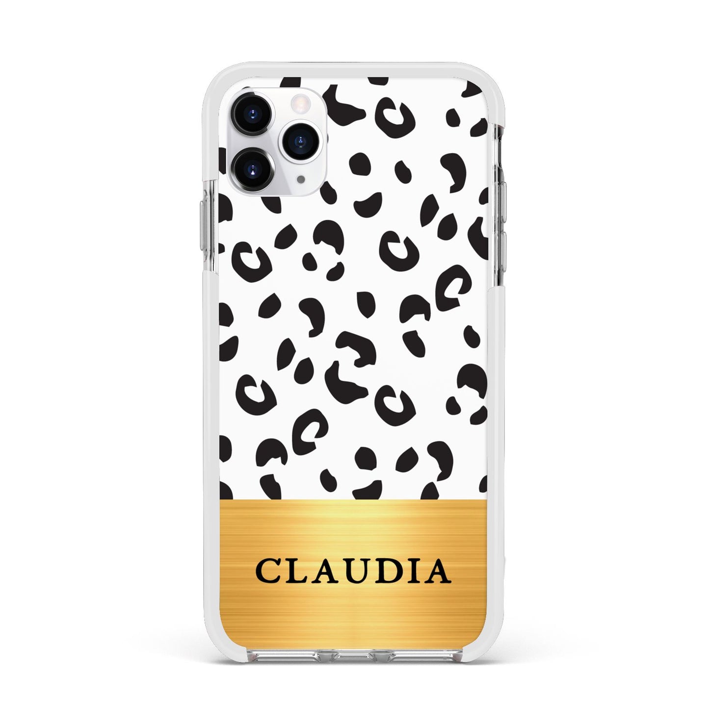 Personalised Animal Print Gold With Name Apple iPhone 11 Pro Max in Silver with White Impact Case
