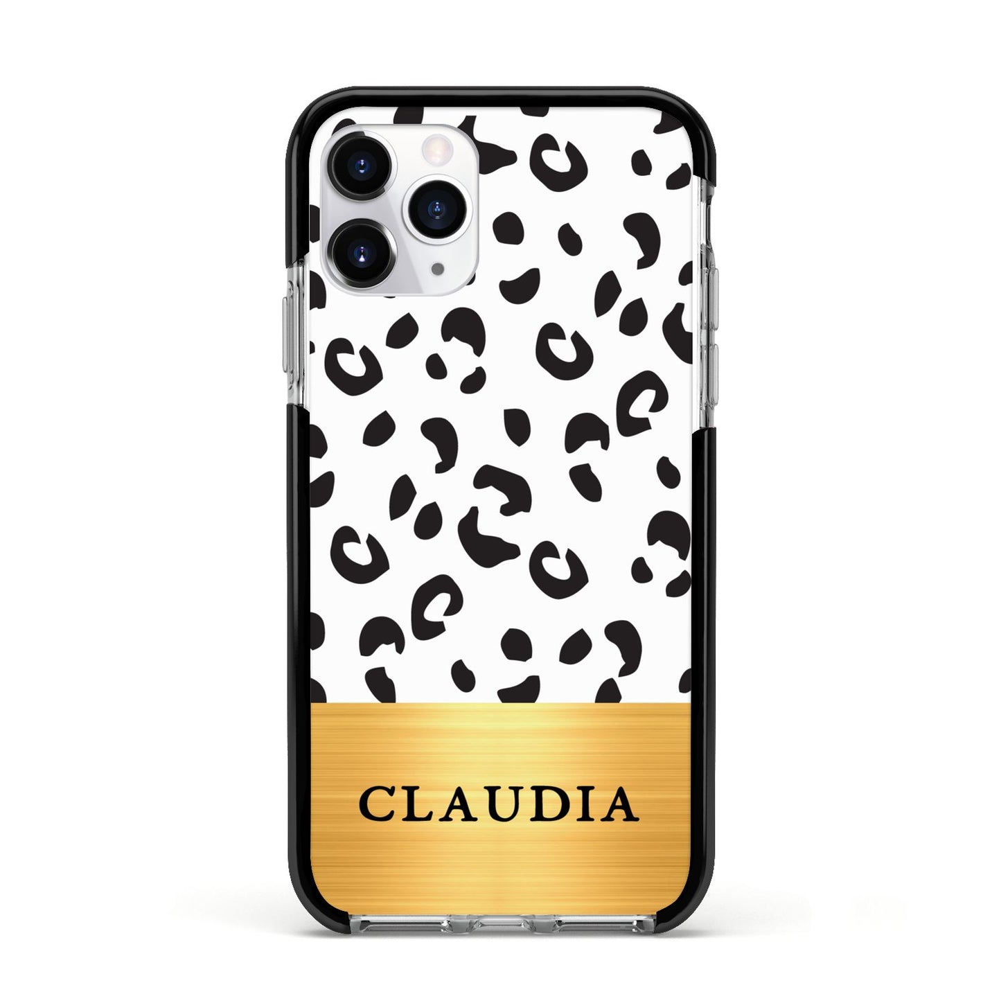 Personalised Animal Print Gold With Name Apple iPhone 11 Pro in Silver with Black Impact Case