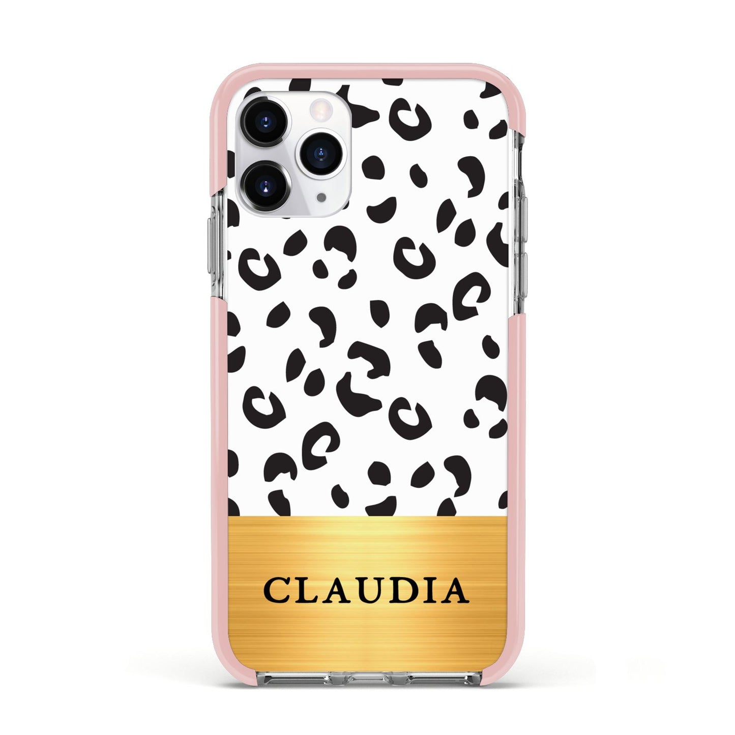 Personalised Animal Print Gold With Name Apple iPhone 11 Pro in Silver with Pink Impact Case