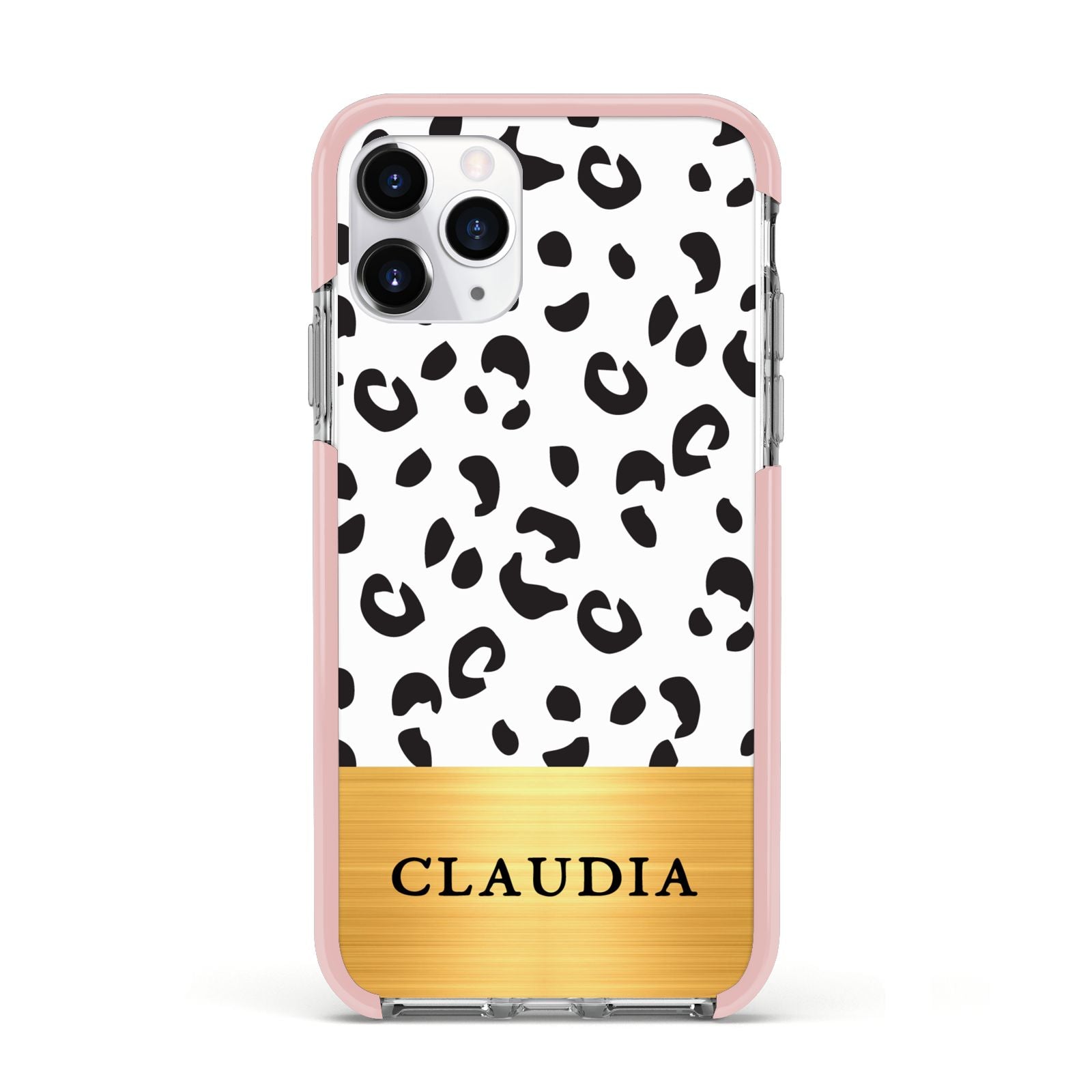 Personalised Animal Print Gold With Name Apple iPhone 11 Pro in Silver with Pink Impact Case