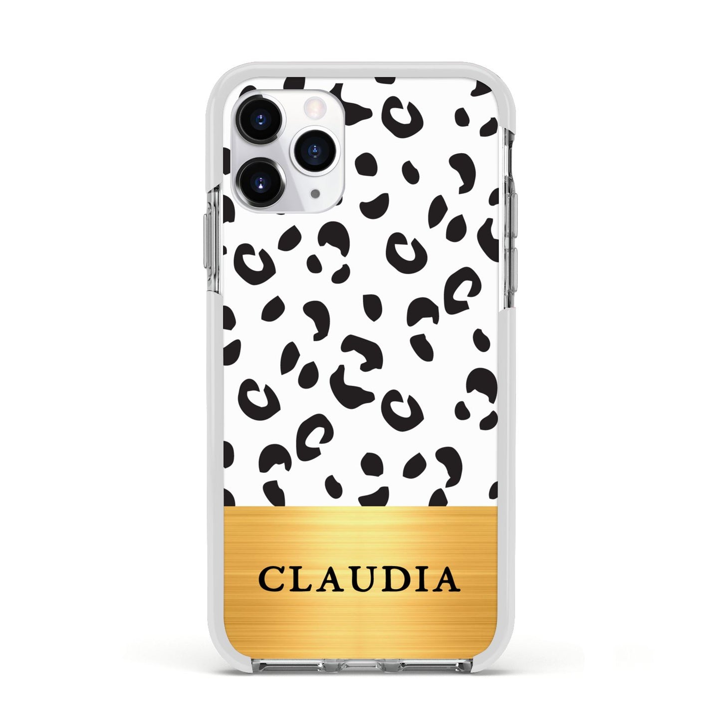 Personalised Animal Print Gold With Name Apple iPhone 11 Pro in Silver with White Impact Case