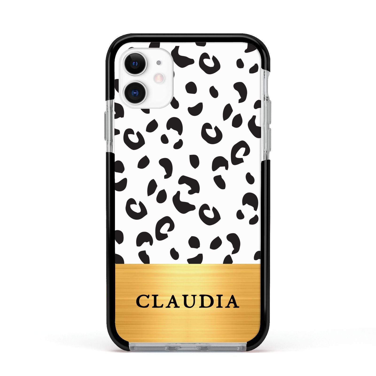 Personalised Animal Print Gold With Name Apple iPhone 11 in White with Black Impact Case