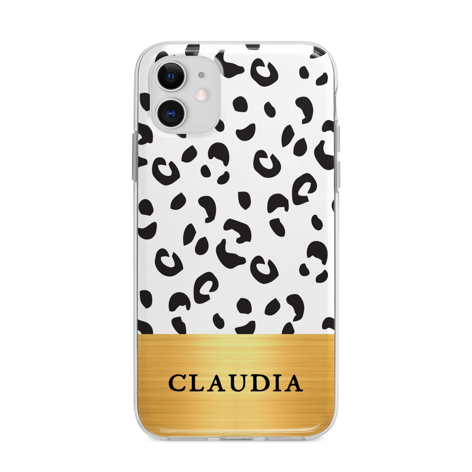 Personalised Animal Print Gold With Name Apple iPhone 11 in White with Bumper Case
