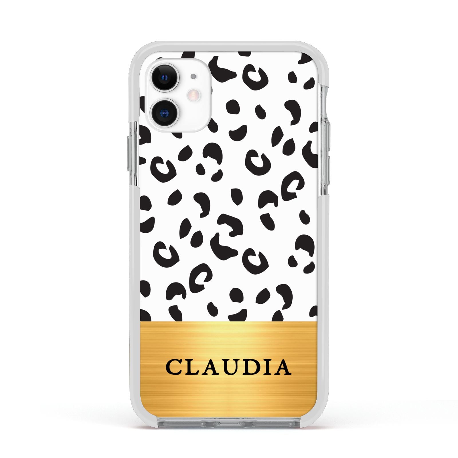 Personalised Animal Print Gold With Name Apple iPhone 11 in White with White Impact Case