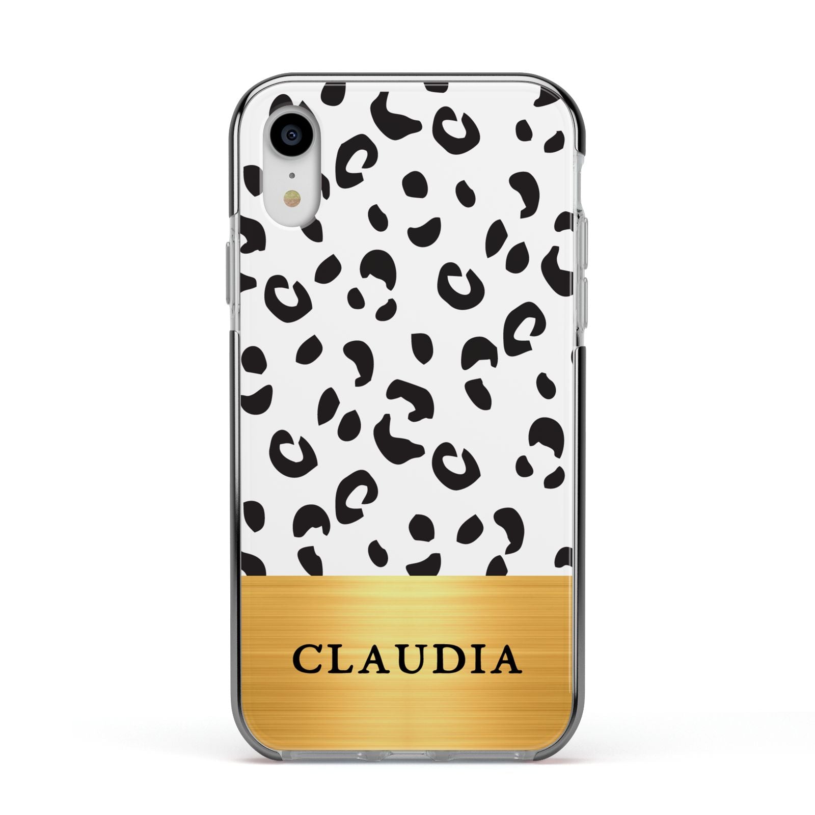 Personalised Animal Print Gold With Name Apple iPhone XR Impact Case Black Edge on Silver Phone
