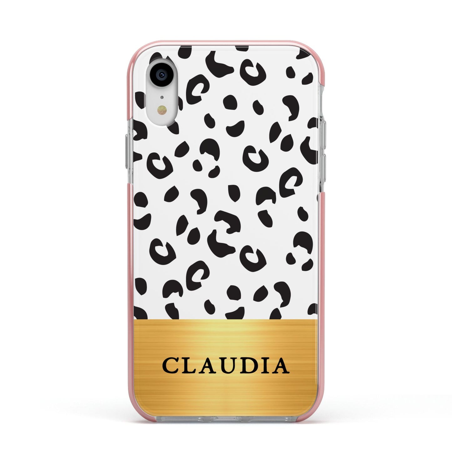Personalised Animal Print Gold With Name Apple iPhone XR Impact Case Pink Edge on Silver Phone