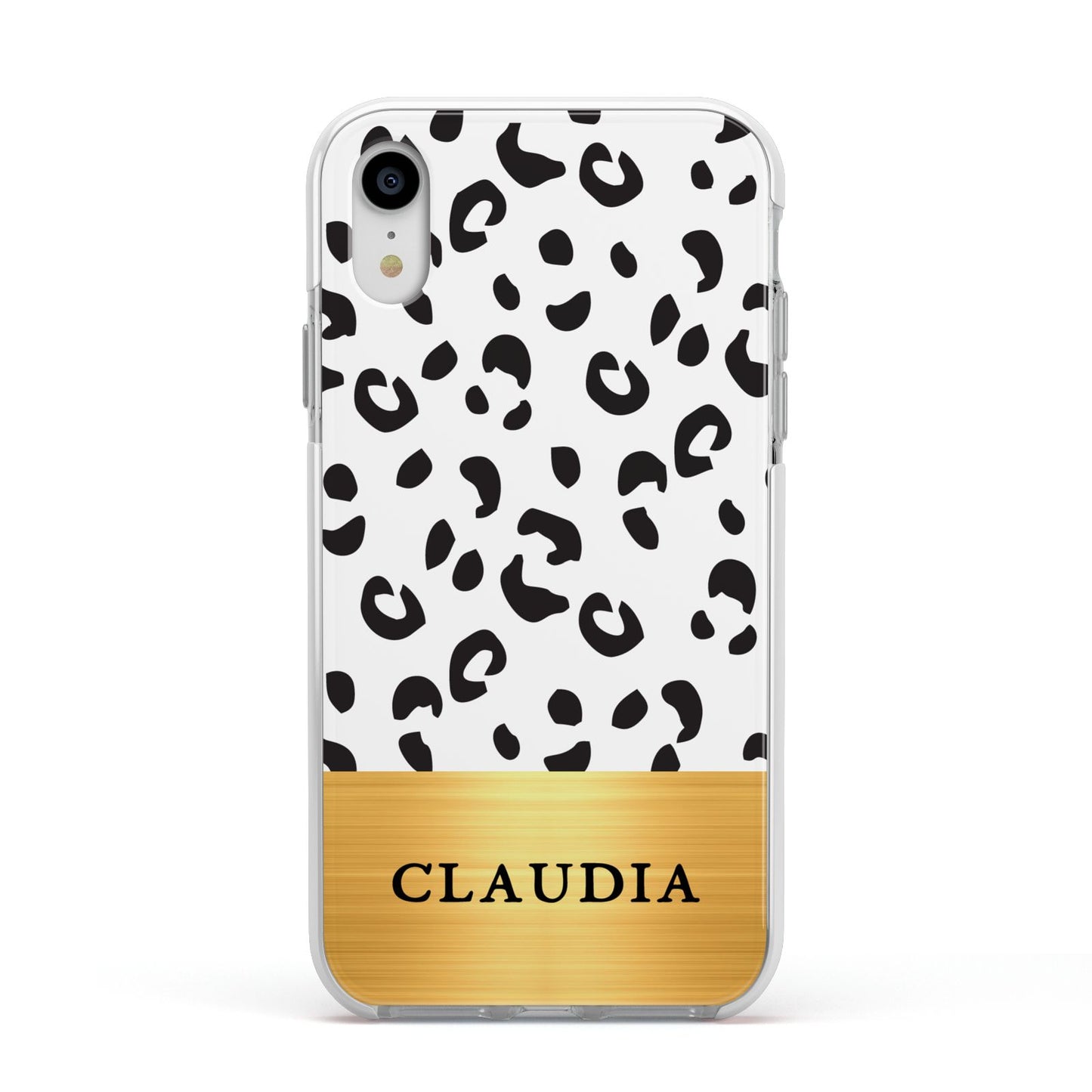 Personalised Animal Print Gold With Name Apple iPhone XR Impact Case White Edge on Silver Phone