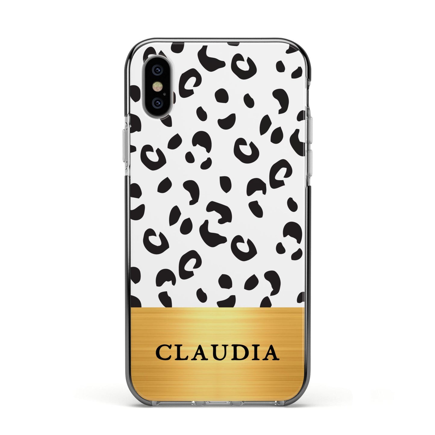 Personalised Animal Print Gold With Name Apple iPhone Xs Impact Case Black Edge on Silver Phone