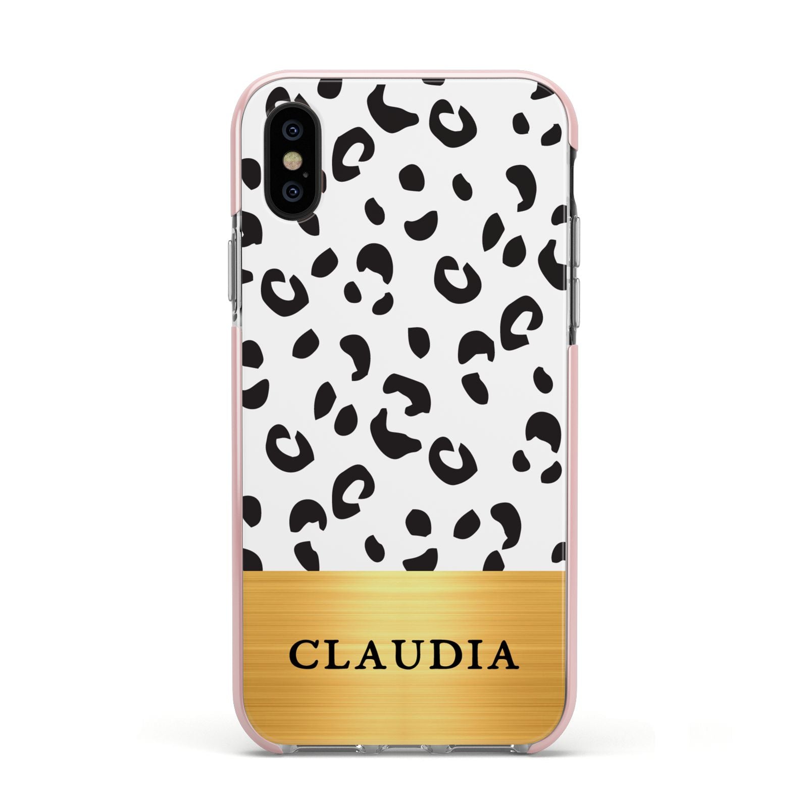 Personalised Animal Print Gold With Name Apple iPhone Xs Impact Case Pink Edge on Black Phone
