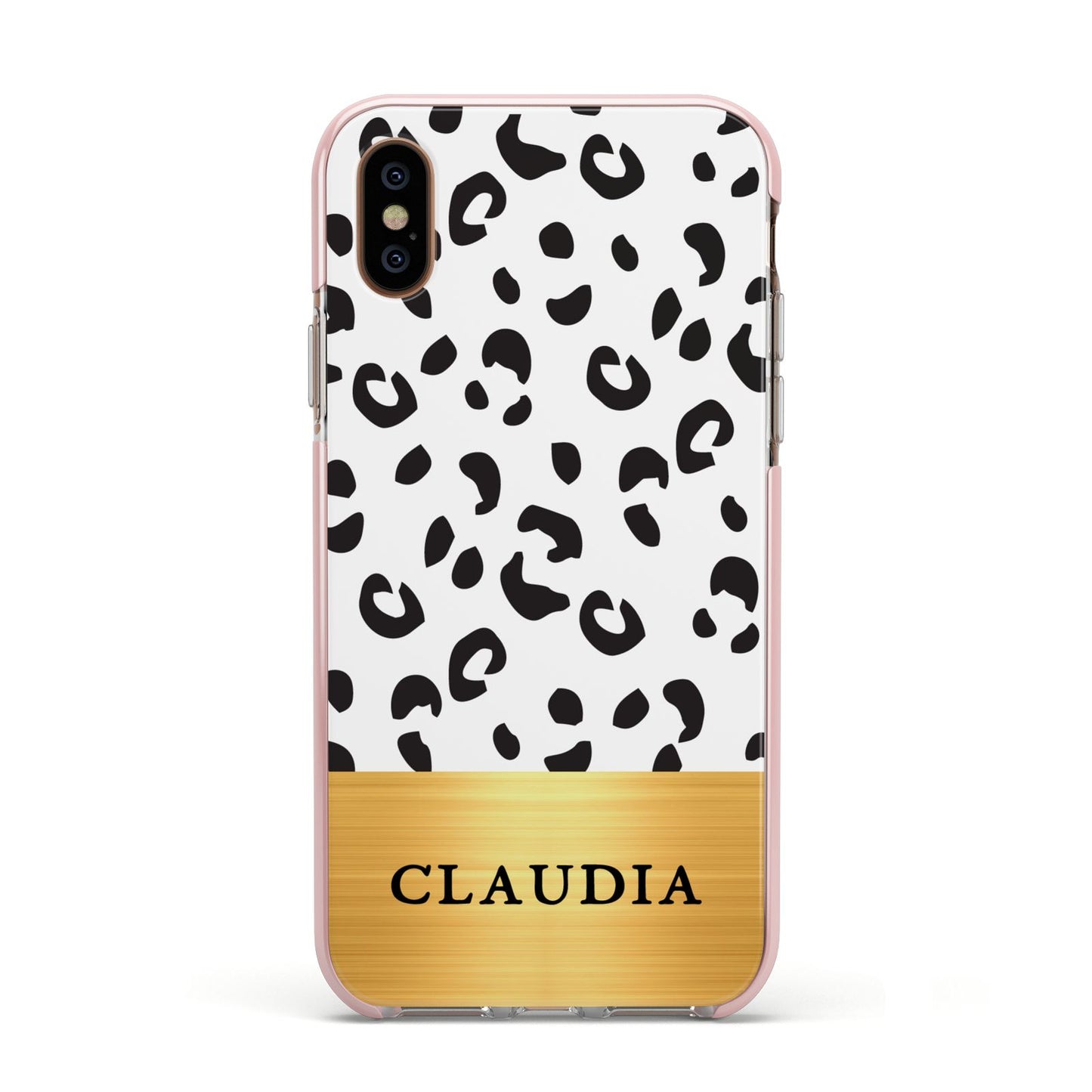 Personalised Animal Print Gold With Name Apple iPhone Xs Impact Case Pink Edge on Gold Phone
