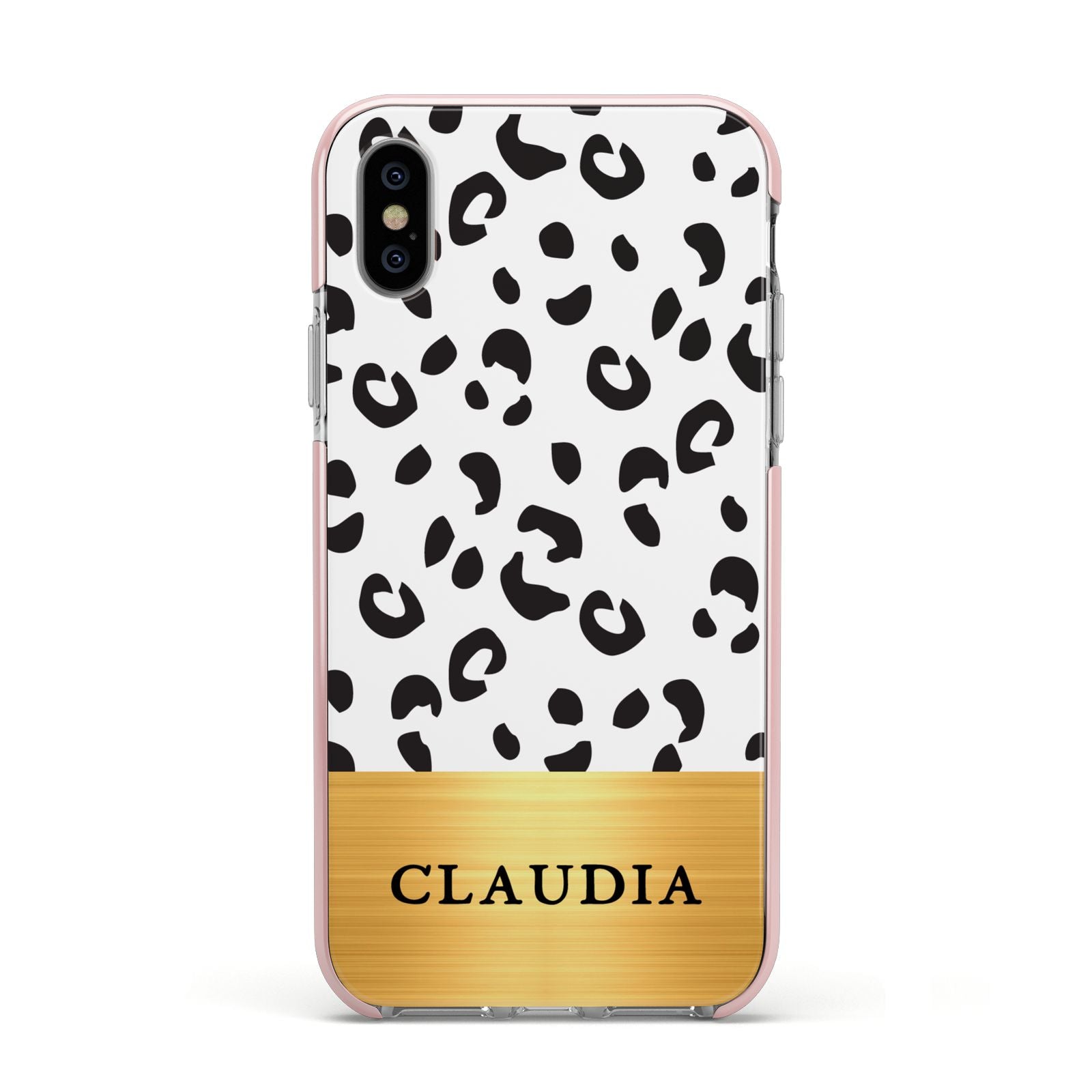 Personalised Animal Print Gold With Name Apple iPhone Xs Impact Case Pink Edge on Silver Phone