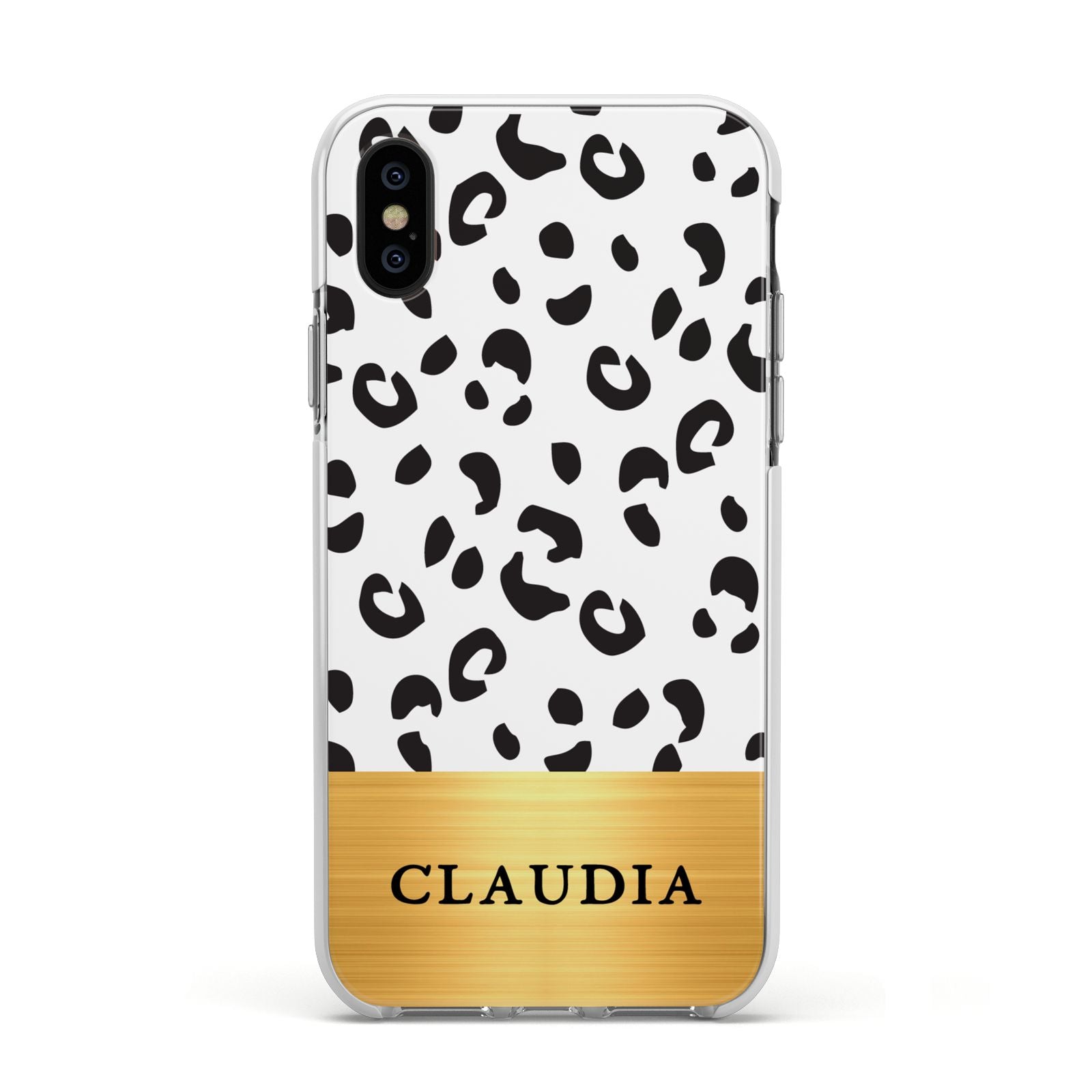 Personalised Animal Print Gold With Name Apple iPhone Xs Impact Case White Edge on Black Phone