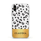 Personalised Animal Print Gold With Name Apple iPhone Xs Impact Case White Edge on Silver Phone