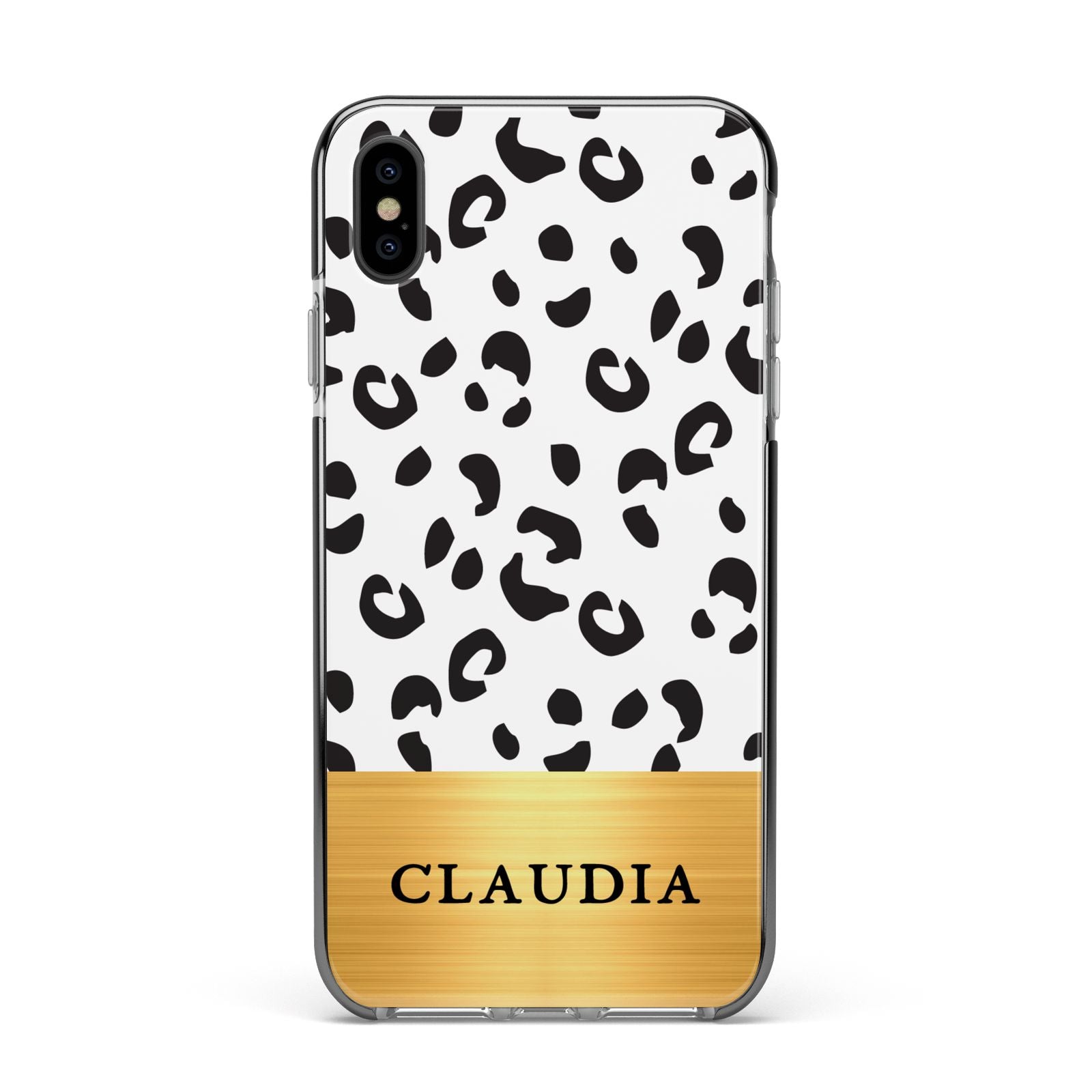 Personalised Animal Print Gold With Name Apple iPhone Xs Max Impact Case Black Edge on Black Phone