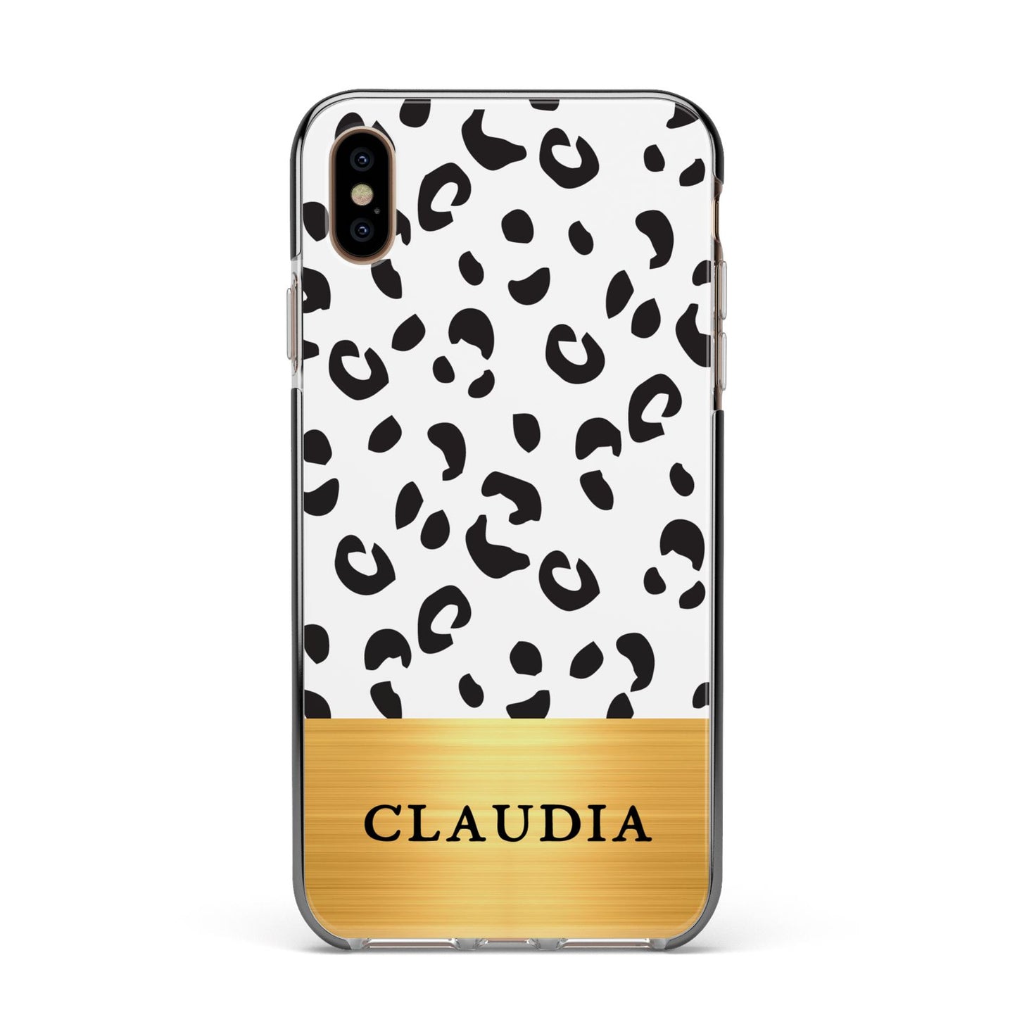 Personalised Animal Print Gold With Name Apple iPhone Xs Max Impact Case Black Edge on Gold Phone