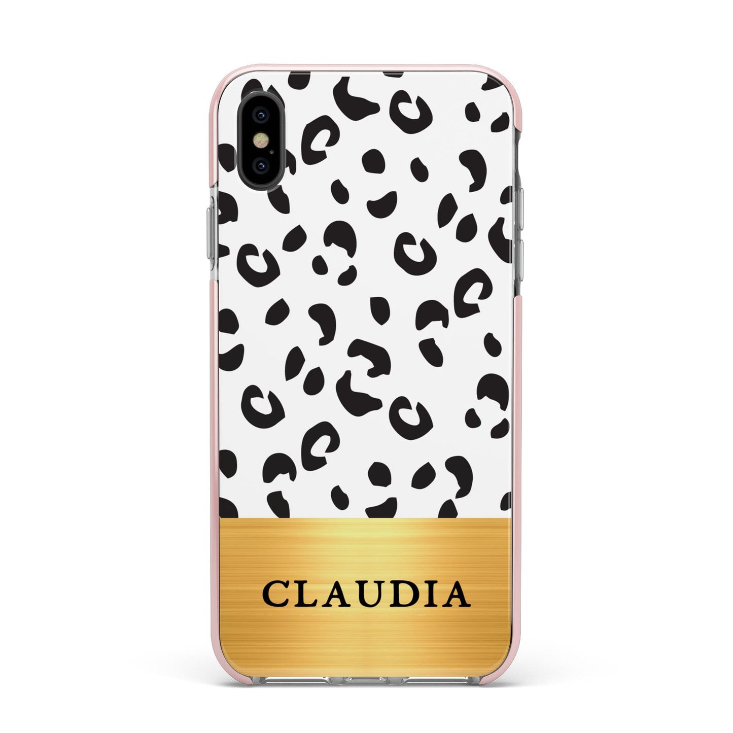 Personalised Animal Print Gold With Name Apple iPhone Xs Max Impact Case Pink Edge on Black Phone
