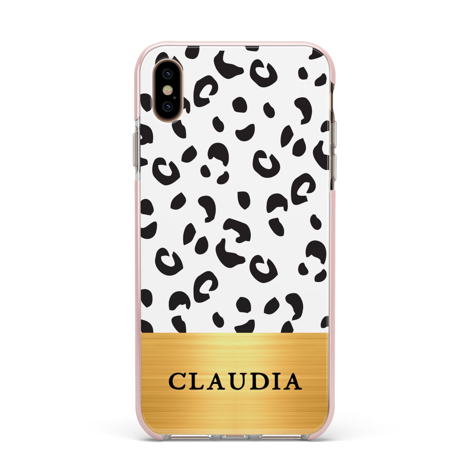 Personalised Animal Print Gold With Name Apple iPhone Xs Max Impact Case Pink Edge on Gold Phone