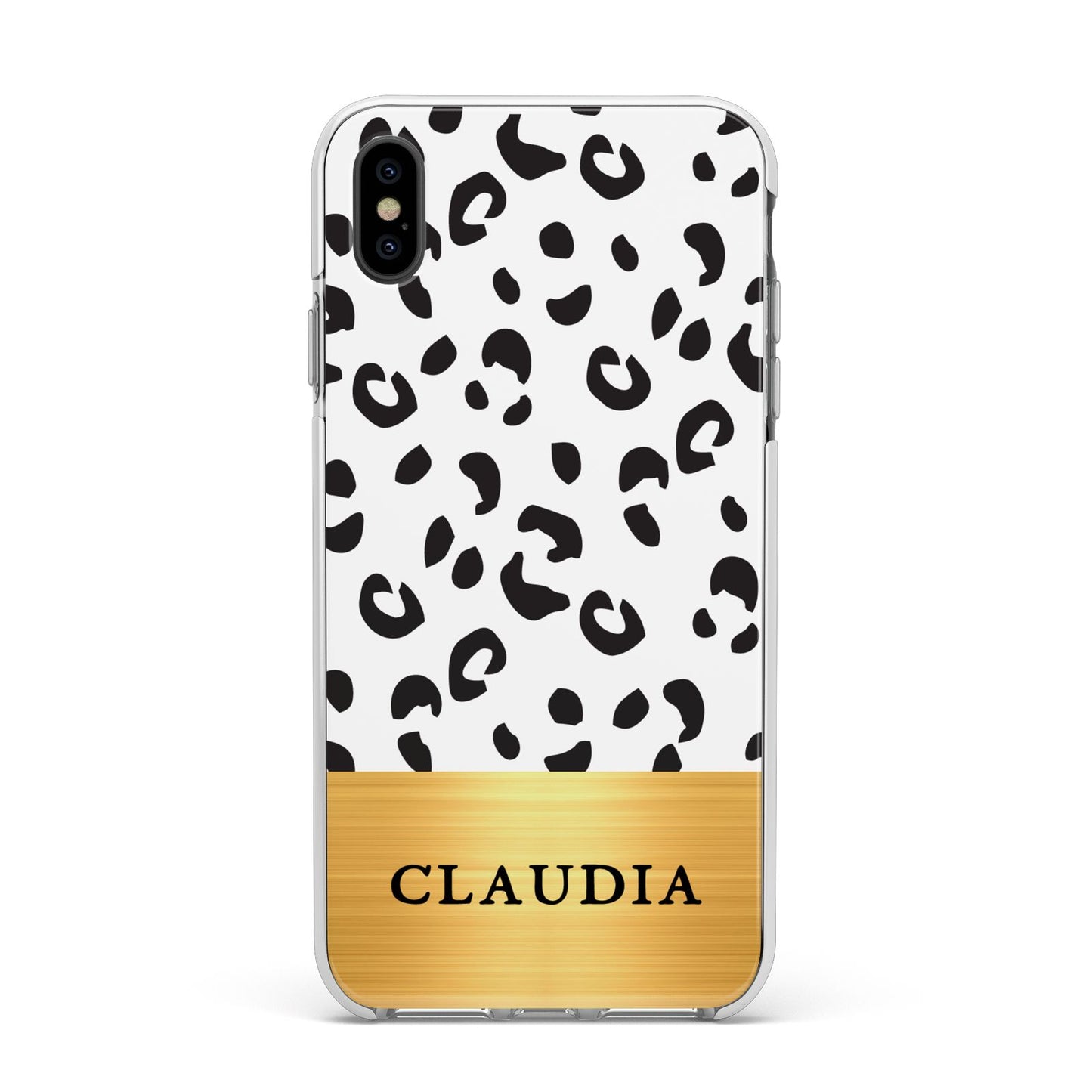 Personalised Animal Print Gold With Name Apple iPhone Xs Max Impact Case White Edge on Black Phone